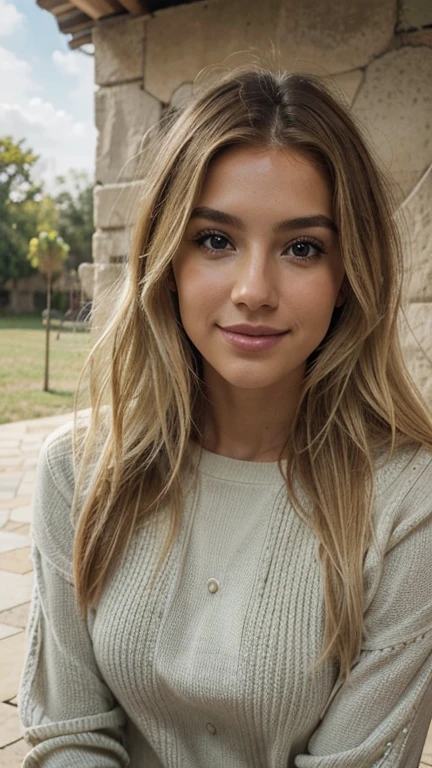 A 23-year-old blonde woman, ((pechos grandes)), ((hiperrealismo)) ,. blonde hair with light brown roots. cabello rubio, Hair with brown roots, cabello extra largo, cabello muy largo, Cabello muy largo, hermoso, perfil, Foto tomada de perfil con iPhone 15 pro, alta calidad, ojos verdes, labios carnosos, profundidad de campo, sonriendo, extremadamente detallado, con ropa de invierno, vestida