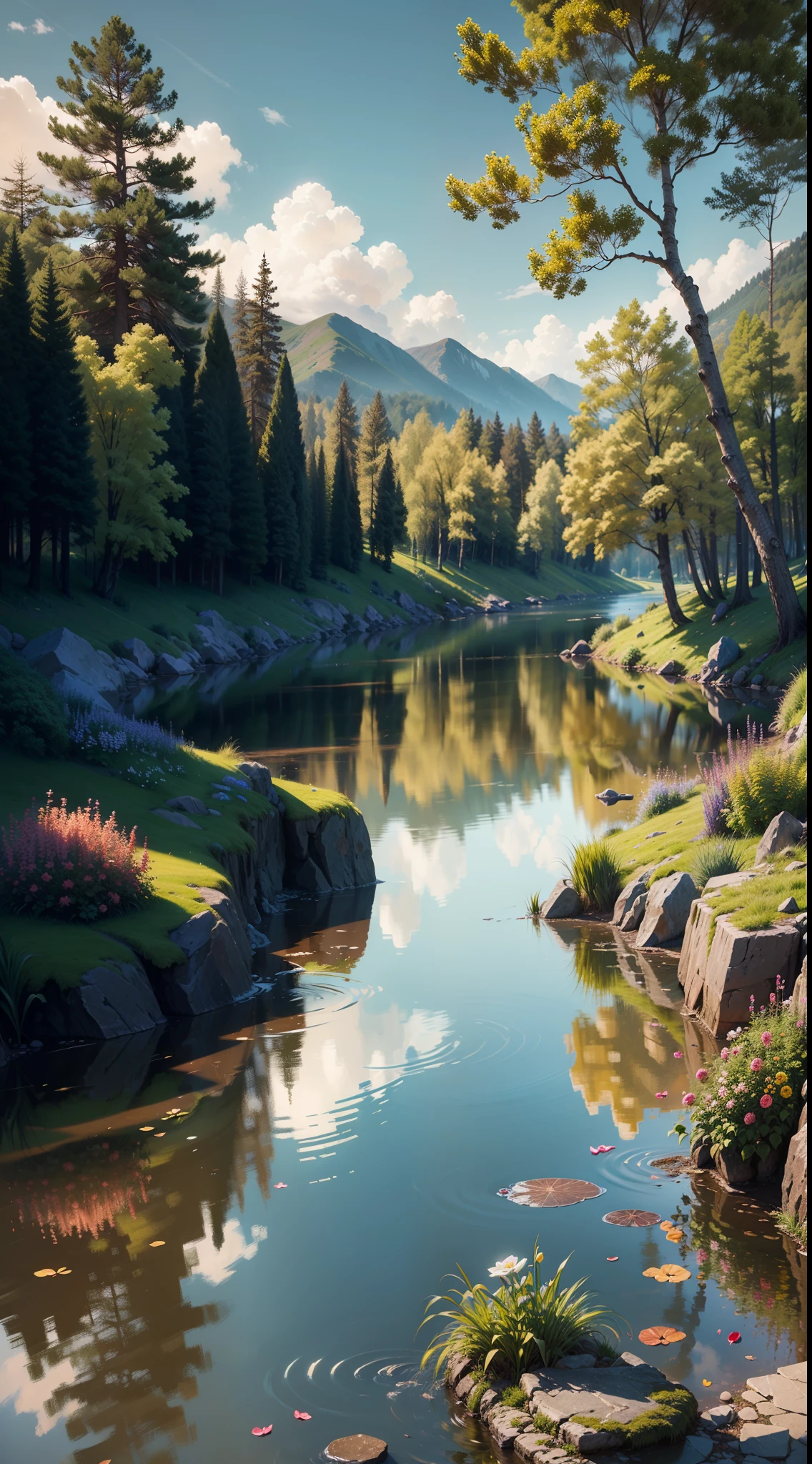 colorful lake landscape, water, lake (very detailed CG unity 8k wallpaper), sky, cloudy, colorful flowers, trees, detailed clouds, the most beautiful artwork in the world, professional oil painting, intricate, high detail, flowers and plants, river, greenery, clear focus, dramatic, realistic painting art, blue sky.