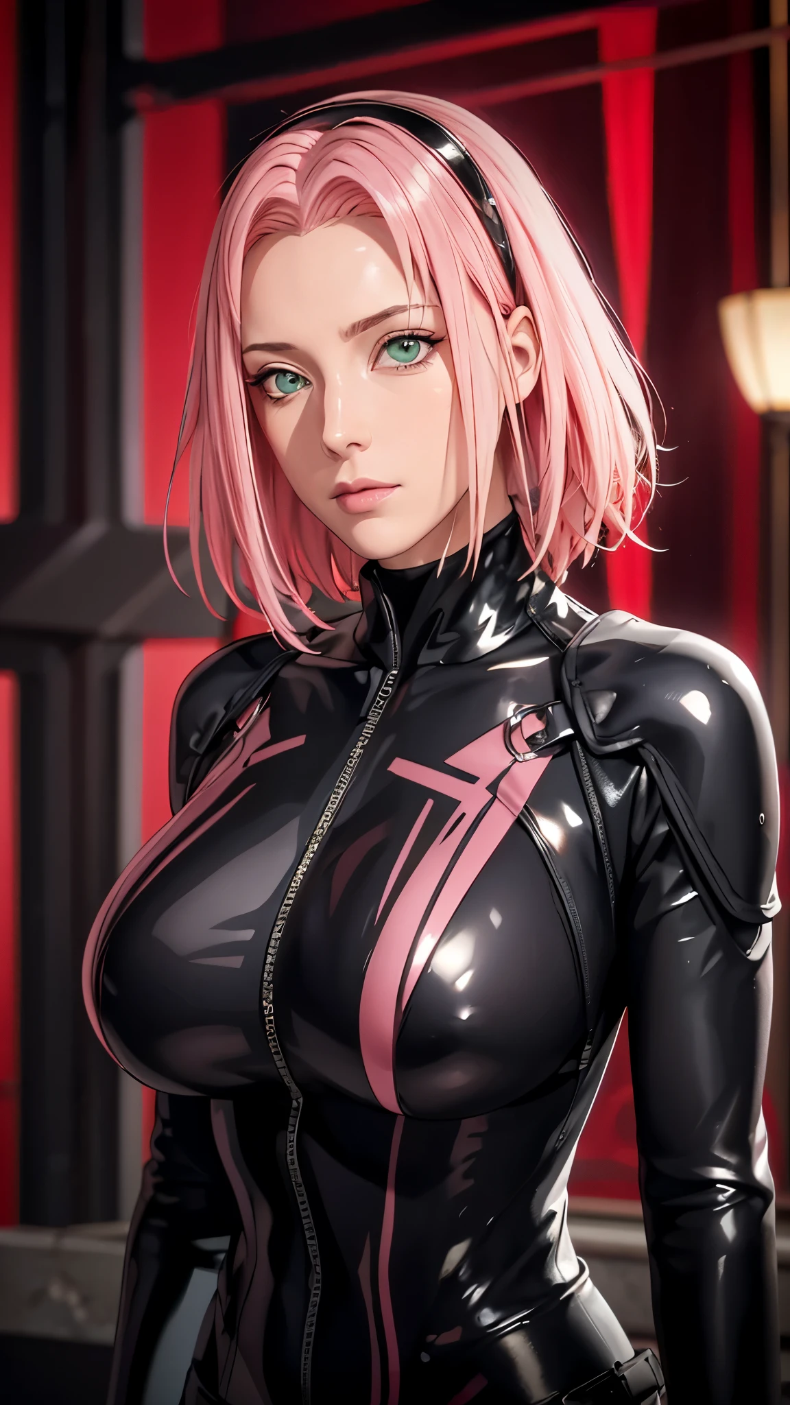 （（（short hair，pink hair，Black leather tights suit，Black leather clothes，Black latex clothing，（（（danya，Sakura,green eyes,bangs,forehead protector, shinobi symbol, ））），（（（wide hips））），S-shaped body:1.7））），((masterpiece)),high resolution, ((Best quality at best))，masterpiece，quality，Best quality，（（（ Exquisite facial features，looking at the audience,There is light in the eyes，lol，confidence ））），（（（Light and shadow interlace，huge ））），（（（Half-length close-up，A close-up half-length photo）））