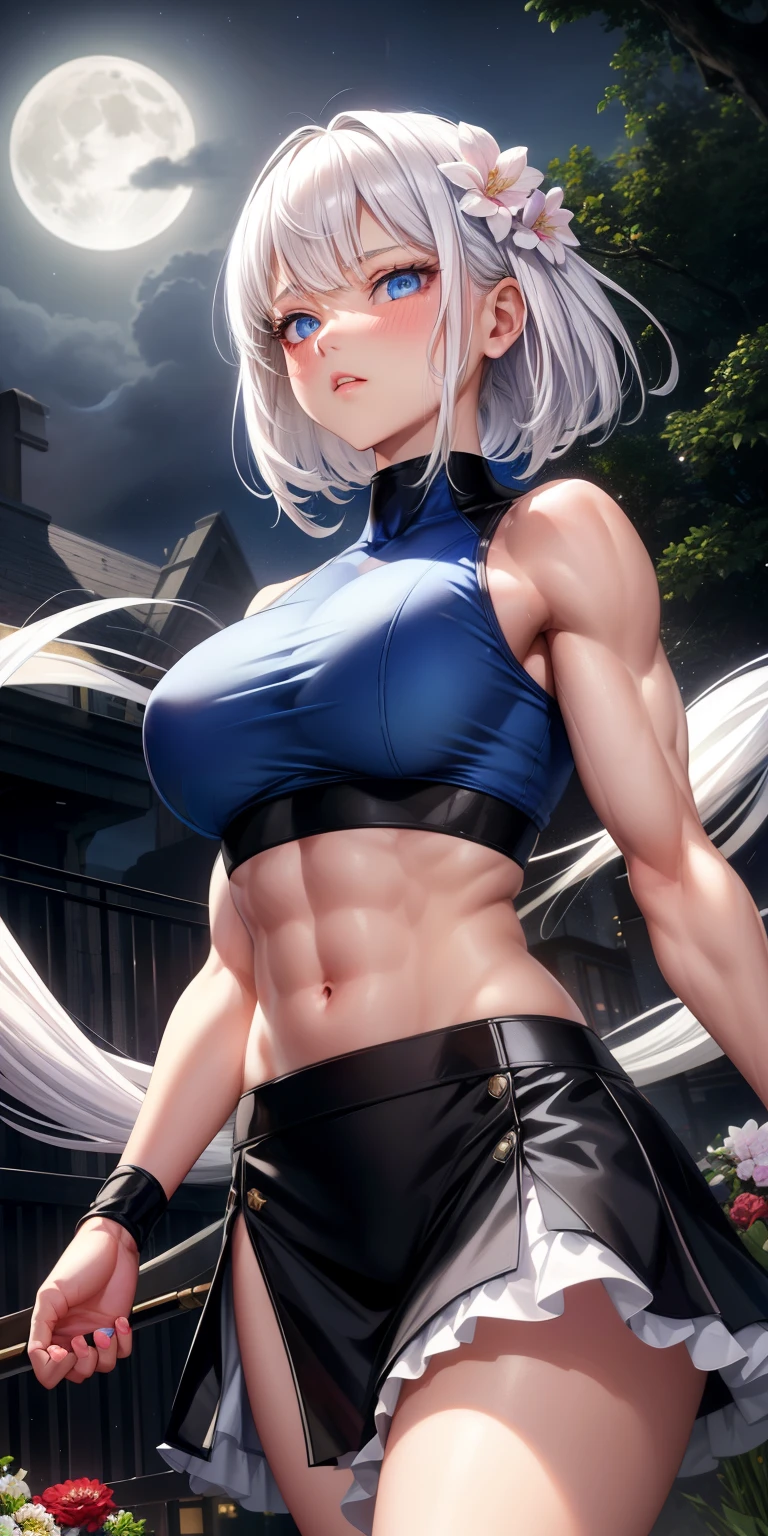 actual, 1 girl, white hair, blue eyes, glowing eyes, crop top, skirt, open lips, blush, Gym, flowers, night, moonlight, abdominal muscles, muscle , biceps
