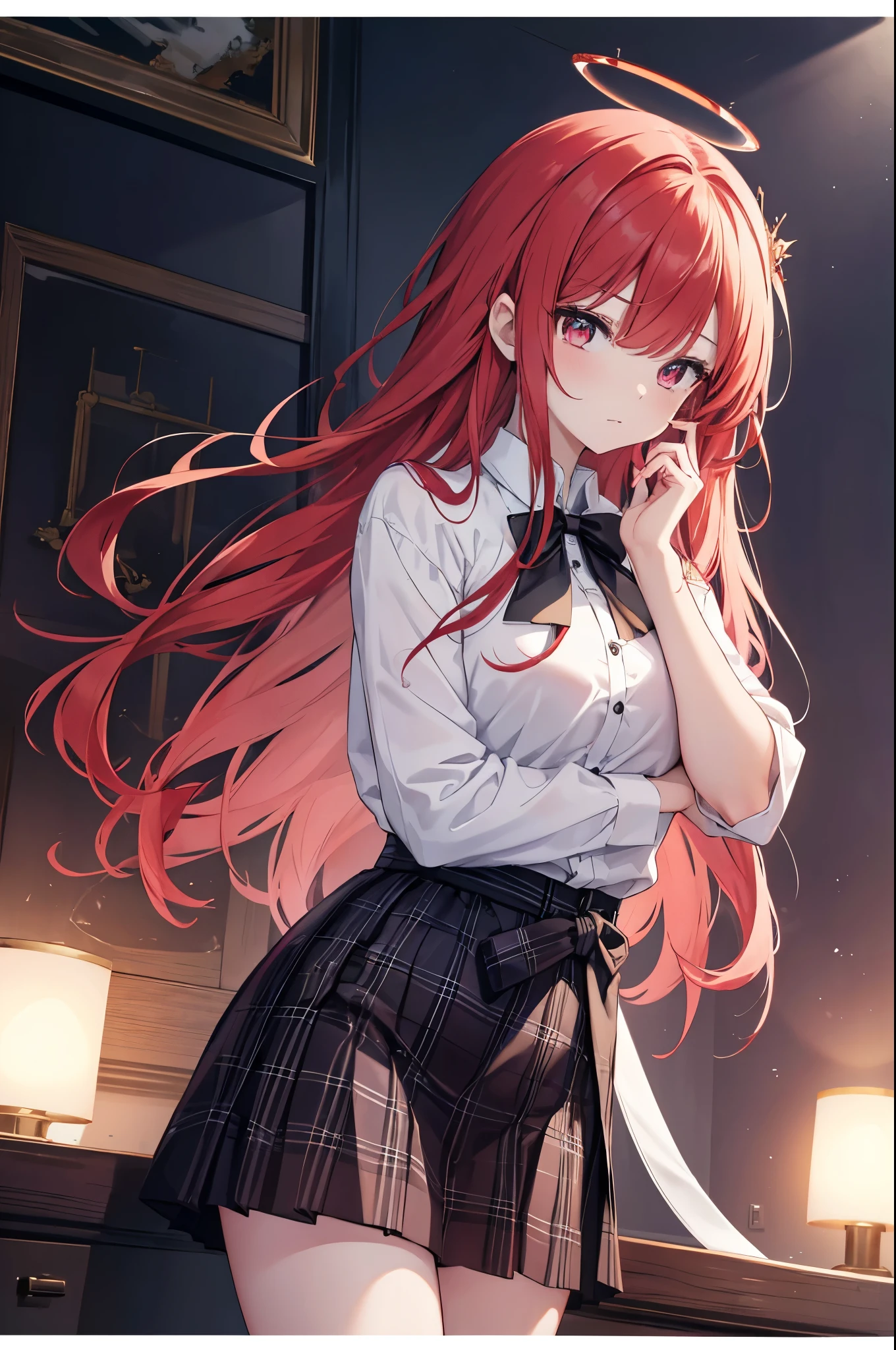 a human girl，side view，top view，Royal sister的身材，female face，Poker face，Long straight red hair，red hair，red eyes，Eyes with vertical pupils，There are highlights in the eyes，female hands，novice，Normal fingers，All the time with your hands crossed at the waist，Wear a white shirt，Wearing a black plaid skirt，There is a red halo on the head，Flame pattern in halo，masterpiece，Exquisite and exquisite two-dimensional exquisite painting style，Exquisite and delicate，8K high quality，CG wallpaper，HD，Large，solo，tomorrow ark风格，tomorrow ark，Large，Royal sister，Royal sister的气质，Royal sister的身材，Tall and plump body，solo，All the time with your hands crossed at the waist，There is a red halo on the head，Flame pattern in halo，Wear a white shirt，Wearing a black plaid skirt