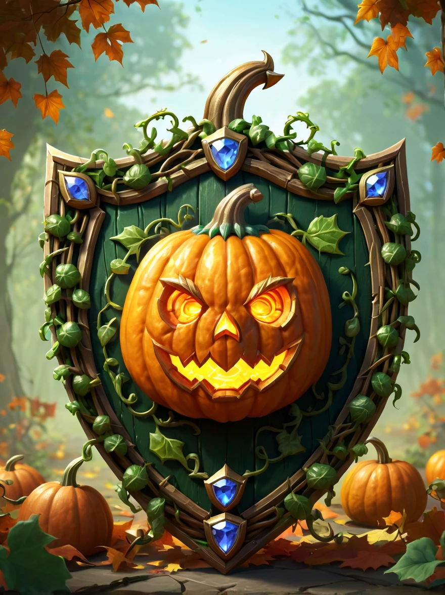 High quality concept game art of Fantasy Pumpkin Shield, simple background, extremely detailed, glowing clear gem power made of intricate pumpkin vines, concept weapon art