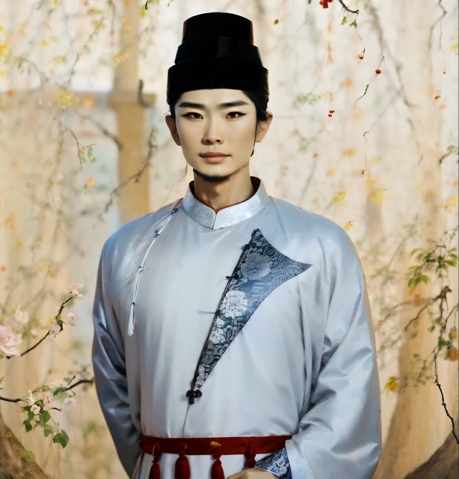 One wears a gray shirt、Wearing a black hat，Close-up of bearded man, wearing chinese clothes, Chinese traditional clothing, Inspired by Gu An, hanfu, Inspired by Chen Daofu, Pair with Chinese clothing, Inspired by Bian Shoumin, traditional cut suit, inspired by Guan Daosheng, Inspired by Gong Xian, zhao yun, traditional clothing