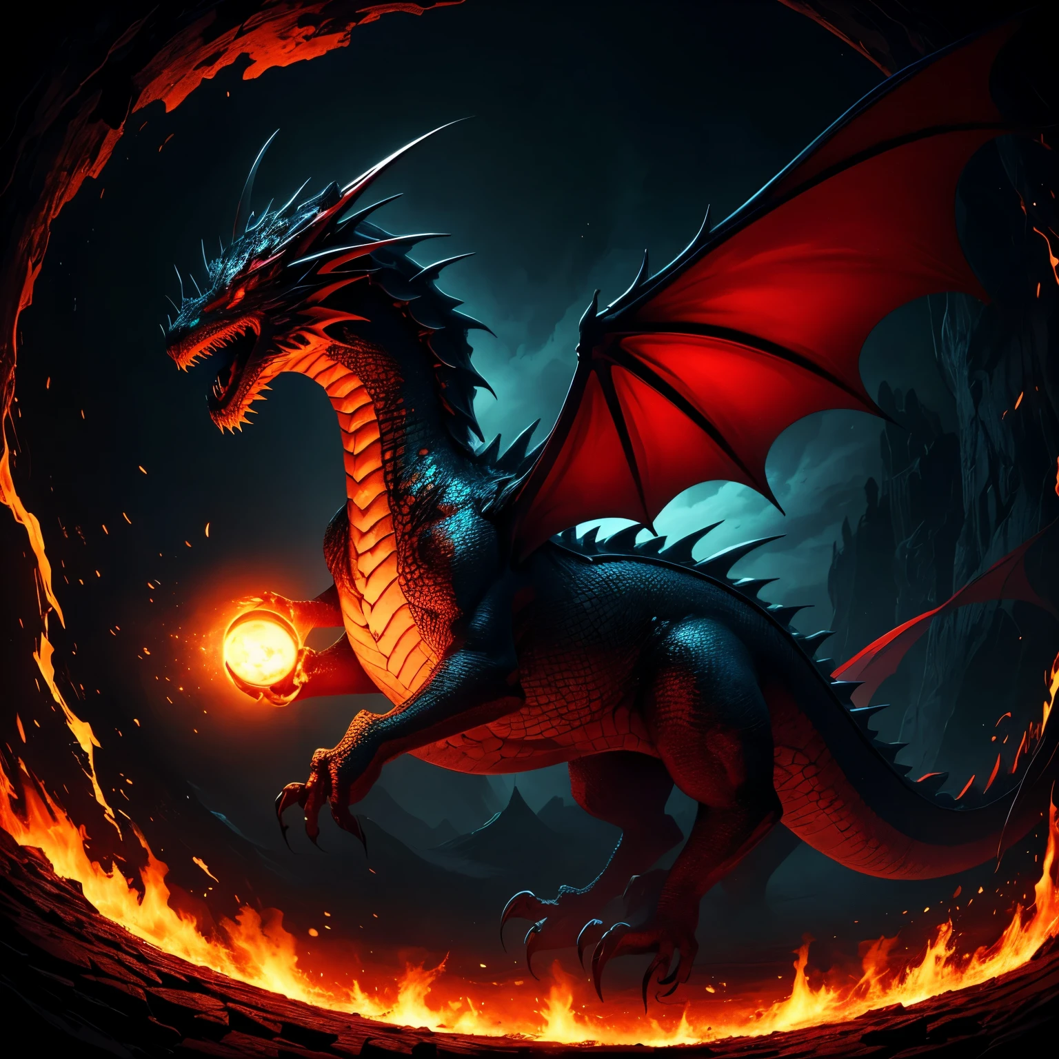 An image of a beautiful dragon, in the style of energy-filled illustrations, dark midnight black and light fiery red, dark purple and dark flame orange, Caras Ionut, mystic symbolism, fisheye effects