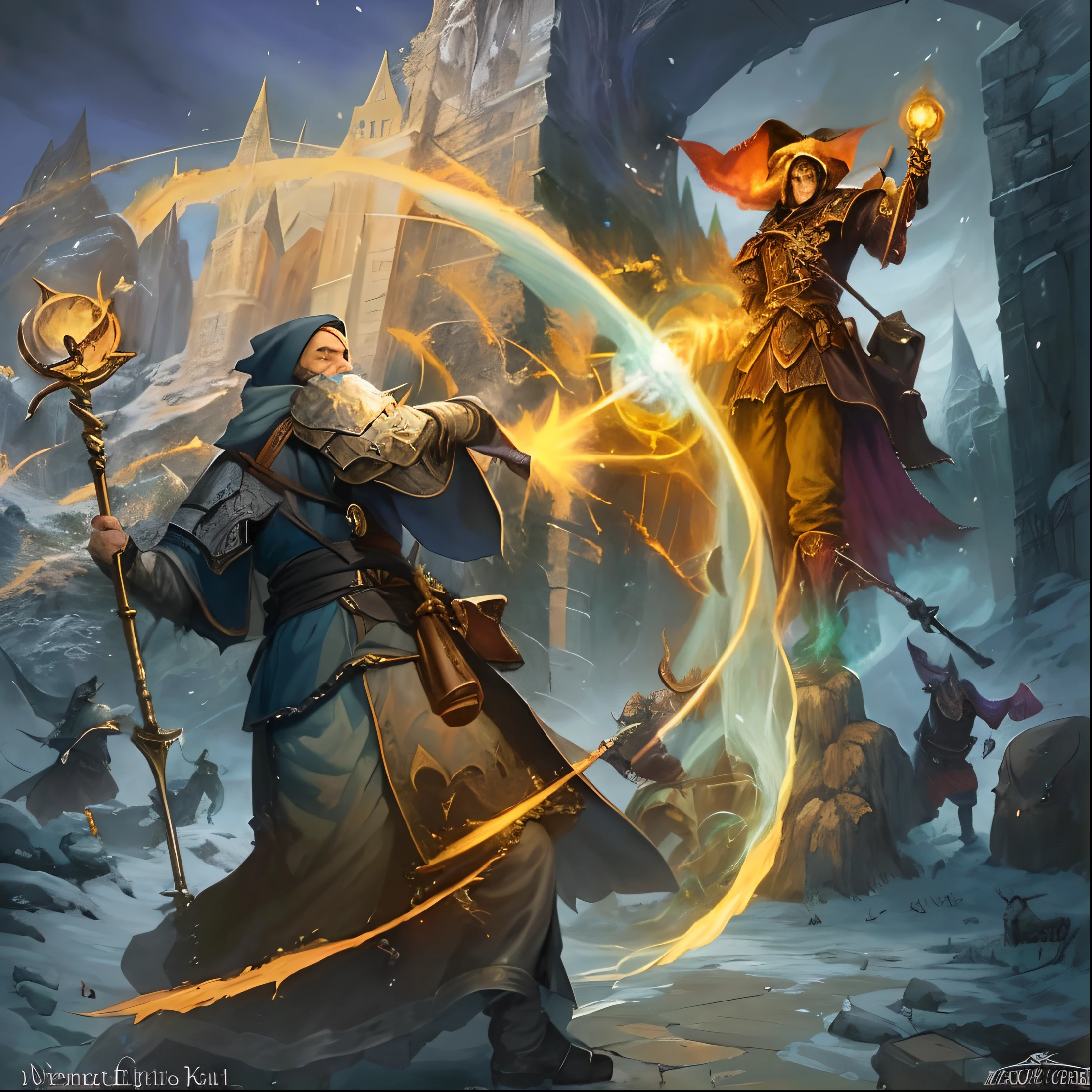 Drawing of a man and a stick in the snow, wizard fighting a golem, Fantasy Card Game Art, wizard duel, 史诗Fantasy Card Game Art, 史诗Fantasy Card Game Art, Magic party card art, Wizard fights ghoul, Magical encounter, Magic art style, Witchcraft magic witch battle
