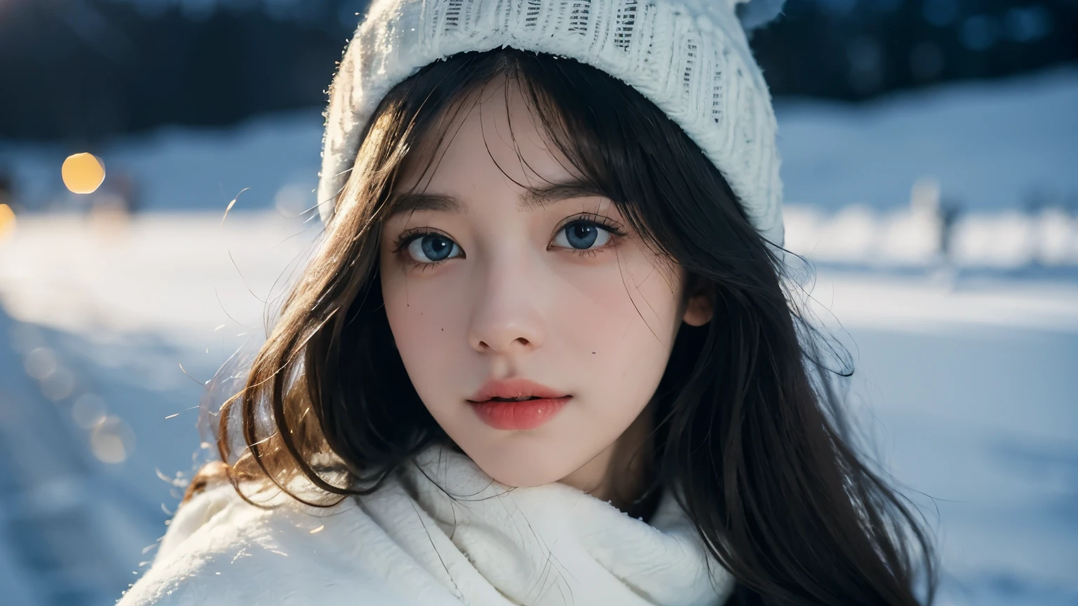 (best quality,4K,high resolution,masterpiece:1.4),Super detailed,Very detailed,sharp focus,Surreal:1.4,professional,HD images,bright colors,Bokeh,Beautiful and delicate eyes,Beautiful and delicate lips,long eyelashes,Romantic atmosphere,soft light,Contrast light and shadow,Lighting effects,high nose bridge,high nose,Yamane,young,Lively,contrast of light and shadow,aurora,Chubby cheeks,charming,graceful curves,The expression is cold,blond,full,The background is clear,night,Arctic,1 girl,view from long distance,Snow background,Wear a cotton hat,Cotton clothing,Vision,Upper body,Look from afar,Half of the face