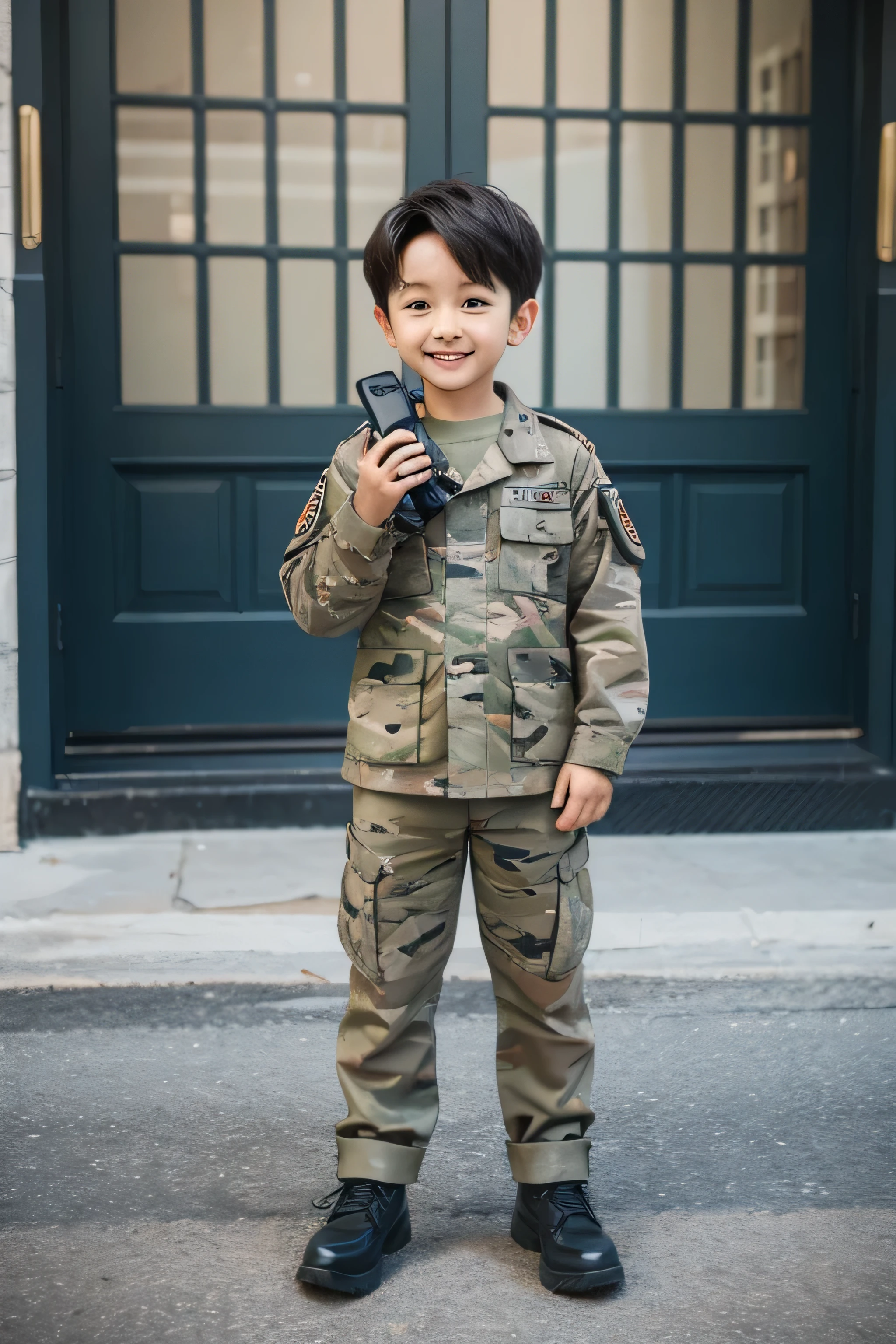 Little boy in camouflage uniform talking on walkie-talkie