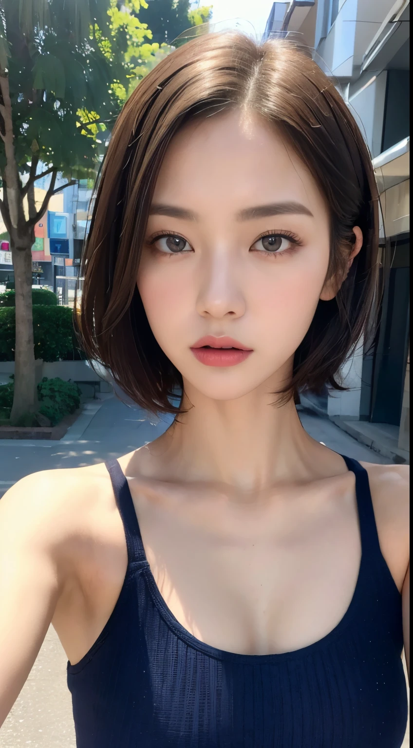 ((Highest image quality、8k、masterpiece：1.3))、whole body、Clear focus：1.2、Beautiful woman with outstanding style：1.4、slender abs：1.2、short hair、tank top dress:1.1、(neon、street:1.1)、Highly detailed face and skin texture、detailed eyes、double eyelid