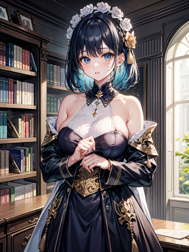 (((masterpiece、Highest image quality、highest quality、highly detailed unity 8kwallpaper)))、((Illustration of one girl、upper body))、(((beautiful girl)))、(librarian)、blue hair、freckles、(stocky build, thickset physique:1.3, broad shoulders, solid chest)、big breasts、librarian服、grand library