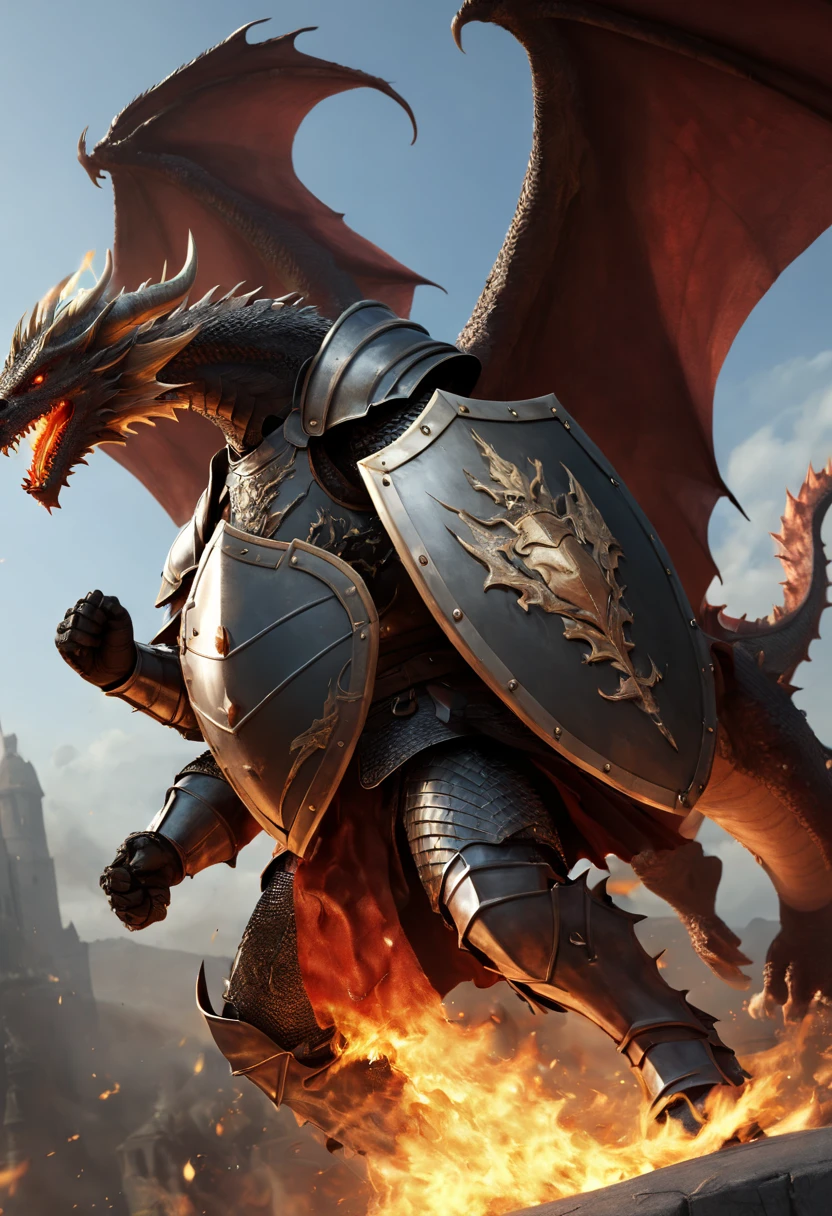 A Heavy Knight holding up a (Two_handed_shield), dragon flying on the sky, dragon flames spewed to the (shield), (best quality, masterpiece, Representative work, official art, Professional, unity 8k wallpaper)