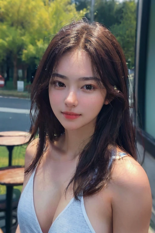 (8k, RAW photo, best quality, masterpiece:1.2), (realistic, photo-realistic:1.2), ultra-detailed, a girl, perfect face, upper body, simple background, coffee shop, from front, facing to viewer, two hands in front of chests, face to face, naked