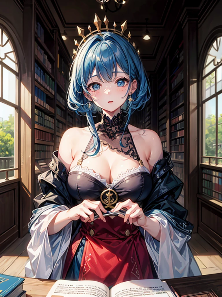 （（（masterpiece、Highest image quality、highest quality、highly detailed unity 8ｋwallpaper）））、（（Illustration of one girl、upper body））、（（（beautiful girl）））、（librarian）、blue hair、freckles、（stocky build, thickset physique：1.3, broad shoulders, solid chest）、big breasts、librarian服、great medieval library