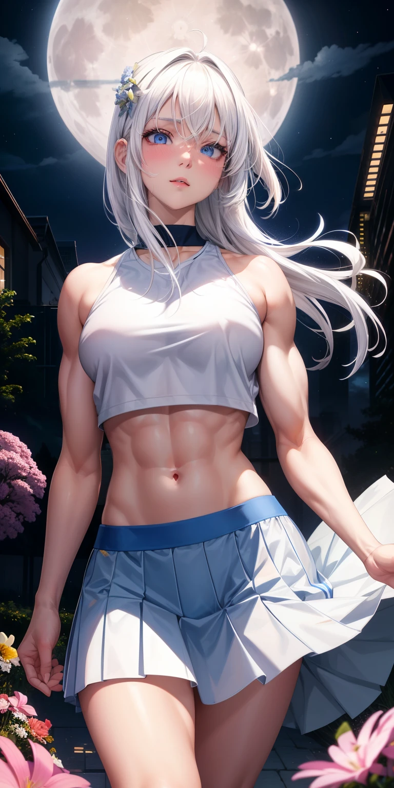 actual, 1 girl, white hair, blue eyes, glowing eyes, crop top, skirt, open lips, blush, Gym, flowers, night, moonlight, abdominal muscles, muscle , biceps