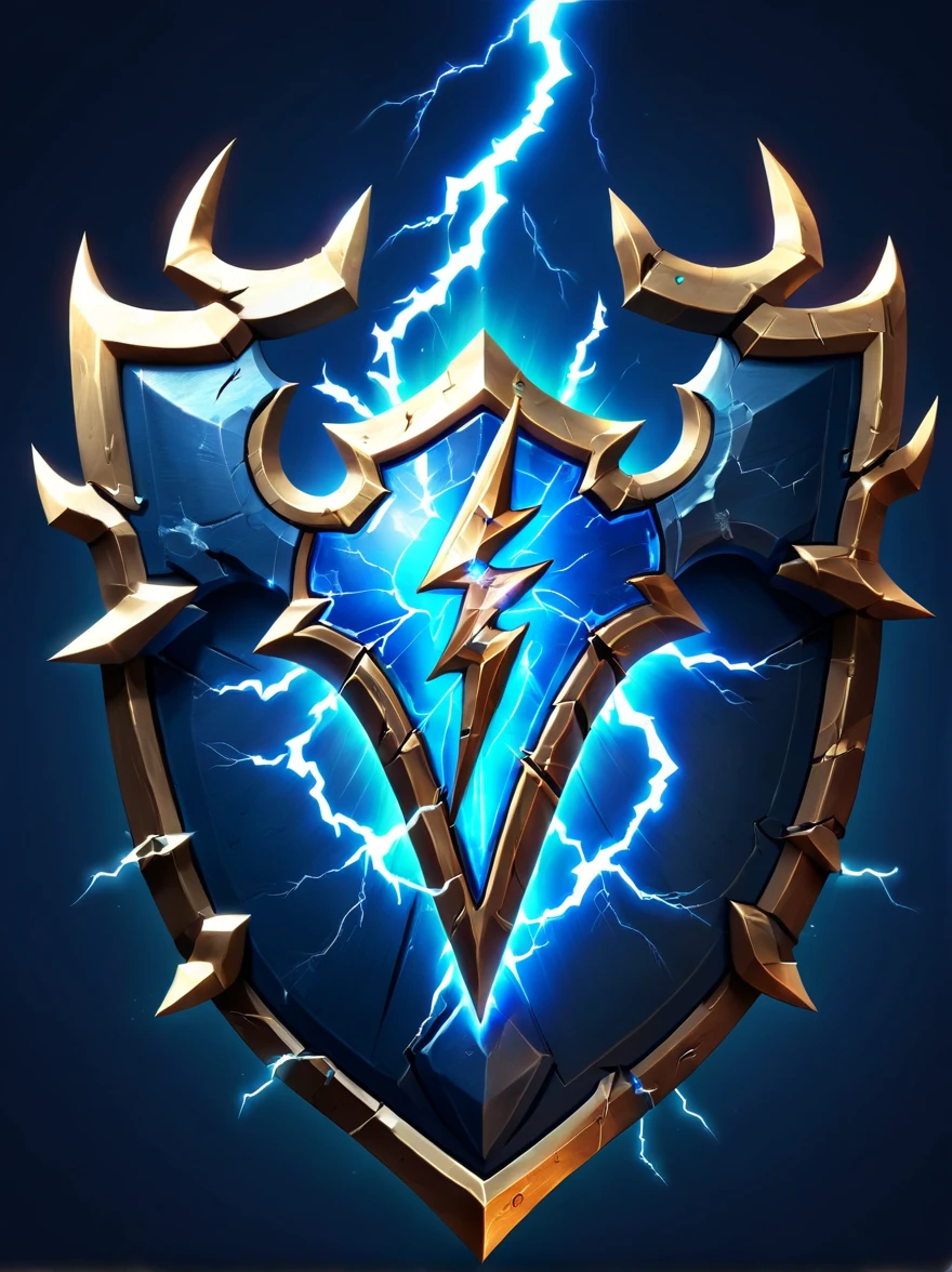 High quality concept game art of Fantasy Lightning Shield, simple background, extremely detailed, glowing clear gem power made of intricate lightning bolts, concept weapon art, Aegis of Aegis