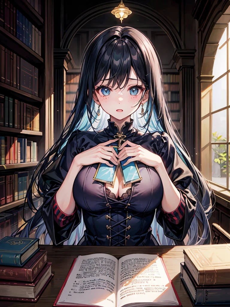 (((masterpiece、Highest image quality、highest quality、highly detailed unity 8kwallpaper)))、((Illustration of one girl、upper body))、(((beautiful girl)))、(librarian)、blue hair、freckles、(stocky build, thickset physique:1.3, broad shoulders, solid chest)、big breasts、librarian服、great medieval library
