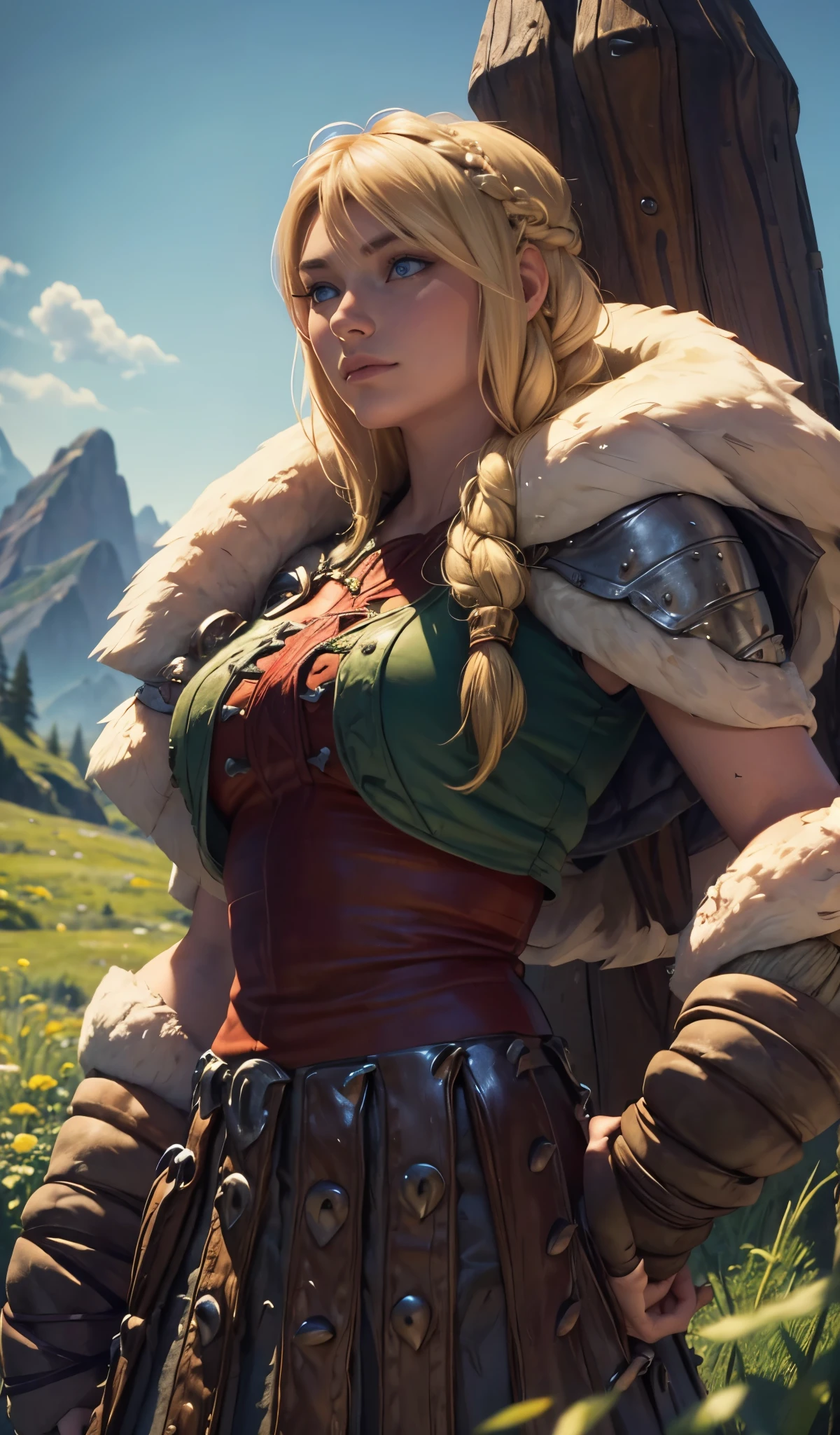 (best quality,4k,8k,highres,masterpiece:1.2),ultra-detailed,(realistic,photorealistic,photo-realistic:1.37),long, wavy blonde hair, strikingly beautiful face with bright blue eyes, delicate eyebrows, high cheekbones, button nose, full and rosy lips, slender and athletic built, wearing a Viking-inspired outfit with a leather vest, fur-lined cape, and a long skirt, holding a dragon-themed staff with intricate carvings, standing confidently with one foot forward and a determined expression, surrounded by a stunning landscape of lush green meadows, towering mountains, and a clear blue sky, sunlight casting a warm golden glow on Astrid and the surroundings, capturing the adventurous spirit and strength of Astrid as she looks towards the horizon, ready to embark on a new dragon-training journey.