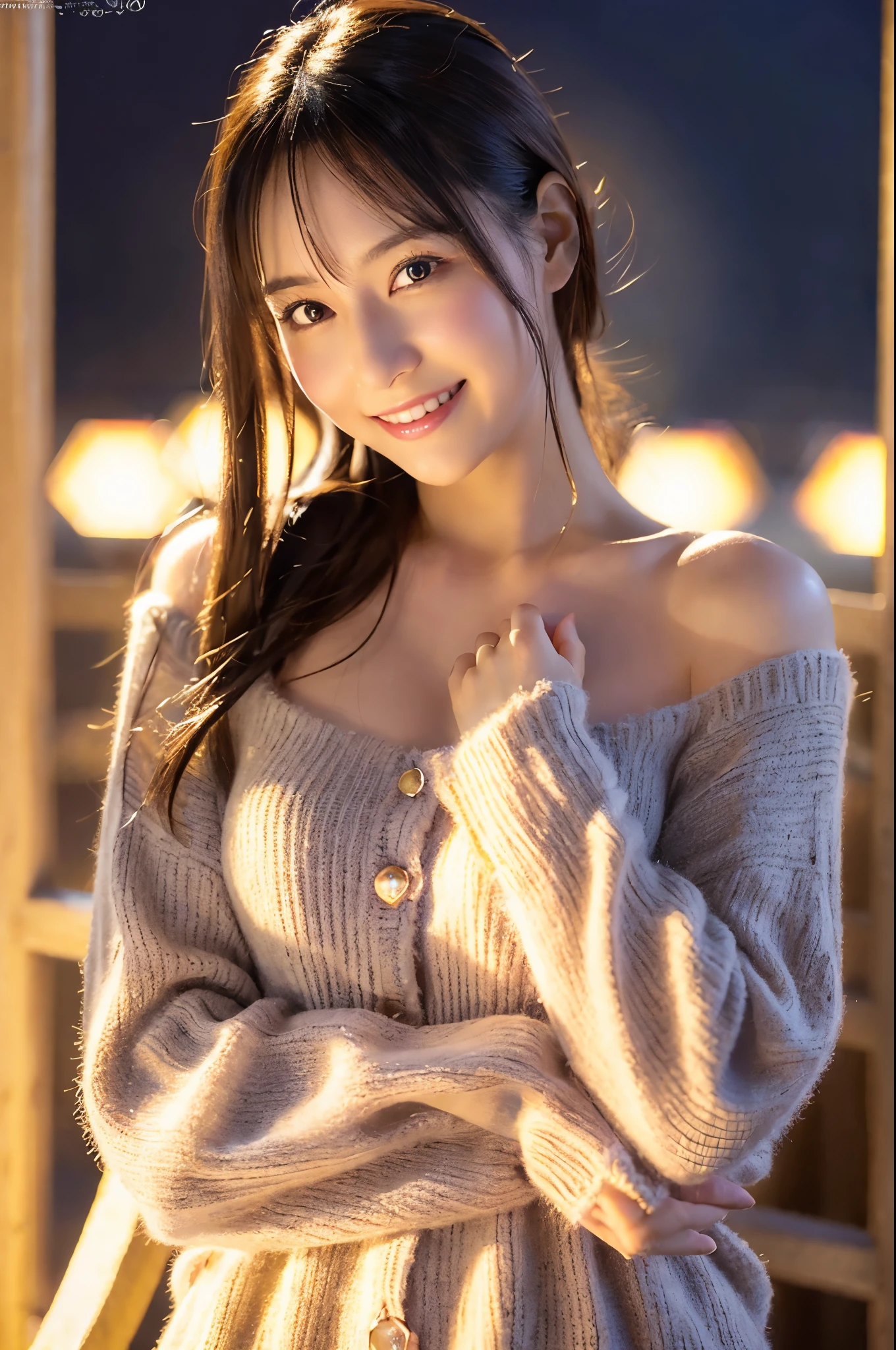 ulzzang -6500-v1.1, (Raw photo:1.2), (Photorealsitic), Beautiful detailed, (Real: 1.4), extremely detailed eye and face, beatiful detailed eyes, ((A very beautiful illumination square at night:1.5)), (( midwinter sweater:1.3, Ultra-realistic pantyhose:1.2))、selfee、Instagram、game_nffsw, huge filesize, hight resolution, ighly detailed, top-quality, [​masterpiece:1.6], illustratio, ighly detailed, nffsw, finely detail, top-quality, 8k wallpaper, Cinematographic lighting, 1 milf, 42 year old, perfect body type, cute droopy eyes beautiful big eyes、Pieckfinger, ((masutepiece)), Best Quality, 1 milf, eye shadow,  ((FULL BODYSHOT:1.4))、(Very affectionate smile:1.2)、realistic skin textures、shinny skin、Exposed thighs!!!