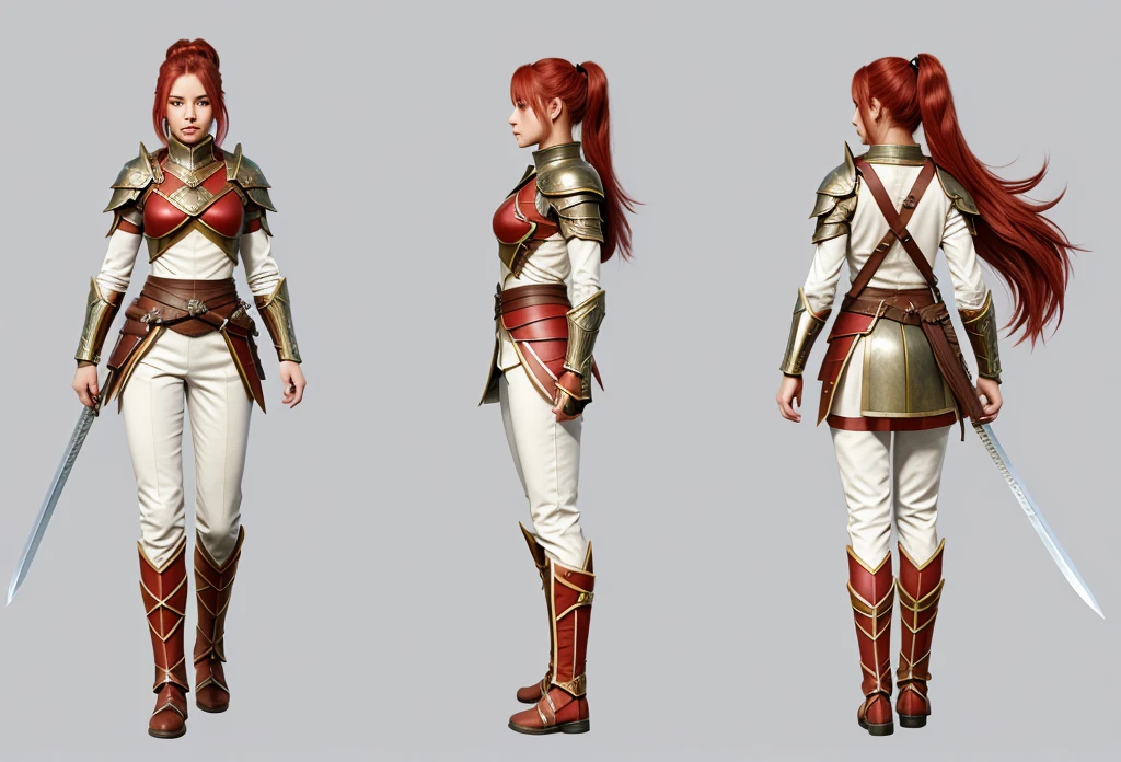 one person wearing a costume、Female Knight with a Sword, detailed full body concept art, 全身character concept art, brown leather armor concept design, raw photo concept art, concept art character sheet, full body concept art, rpg concept art character, character design concept art, Intricate character design, character concept art, character design concept, warrior character design、red hair ponytail girl、girl in white sarouel pants、 girl、Beautiful girl from Norway