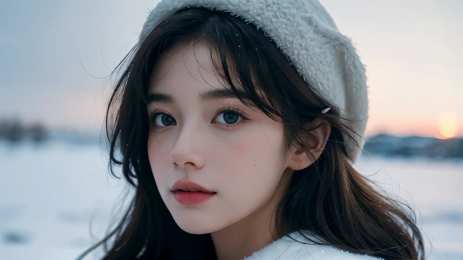 (best quality,4K,high resolution,masterpiece:1.4),Super detailed,Very detailed,sharp focus,Surreal:1.4,professional,HD images,bright colors,Bokeh,Beautiful and delicate eyes,Beautiful and delicate lips,long eyelashes,Romantic atmosphere,soft light,Contrast light and shadow,Lighting effects,high nose bridge,high nose,Yamane,young,Lively,contrast of light and shadow,aurora,Chubby cheeks,charming,graceful curves,The expression is cold,blond,full,The background is clear,night,Arctic,1 girl,view from long distance,Snow background,Wear a cotton hat,Cotton clothing,Vision,Upper body,Look from afar,Half of the face