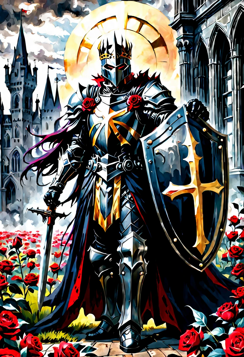 full length wide angle view Glorious Glorious Brigh Monarch King Knight wuth a (Shield:1.5) in a highly detailed Heavy black Knight armor guilded with gold,silver in a High holding a Gold and black and Crimson (Shield:1.5) ; gothic castle background; photorealistic, insanely detailed, meticulous, awe inspiring, magnificent, concept art, dark fantasy, gothic; Anne Stokes, Anna Dittman, Greg Rutowski, Josephine Wal High Gothic Dark Fantasy DarkSouls EldenRings Enchanted:Gothic : watercolor Glorious Brigh Monarch King Knight with a Long warm cloak holding a Long enchanted round (Shield:1.5) in a highly detailed Heavy black Knight armor guilded with gold,silver in a field of Colorfull Roses under an Eclipse ::| hyperdetailed: maximalist ::| Stunning masterpiece::| Jonas De Ro: russ mills, white roses and Blood red Roses under a warm Autumnal Morning Sunlight, Mark Brooks and Dan Mumford, comic book art, perfect, smooth, in Gouache Style, Watercolor, Museum Epic Impressionist Maximalist Masterpiece, Thick Brush Strokes, Impasto Gouache, thick layers of gouache watercolors textured on Canvas, 8k Resolution, Matte Painting