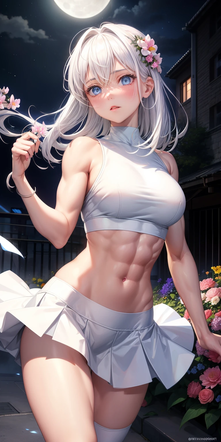 actual, 1 girl, white hair, blue eyes, glowing eyes, crop top, skirt, open lips, blush, Gym, flowers, night, moonlight, abdominal muscles, muscle , biceps