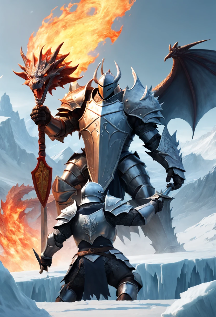A Heavy knight holds holding up a huge shield to resist the dragon flames, Ice and snow, ice fields, (best quality, masterpiece, Representative work, official art, Professional, unity 8k wallpaper)