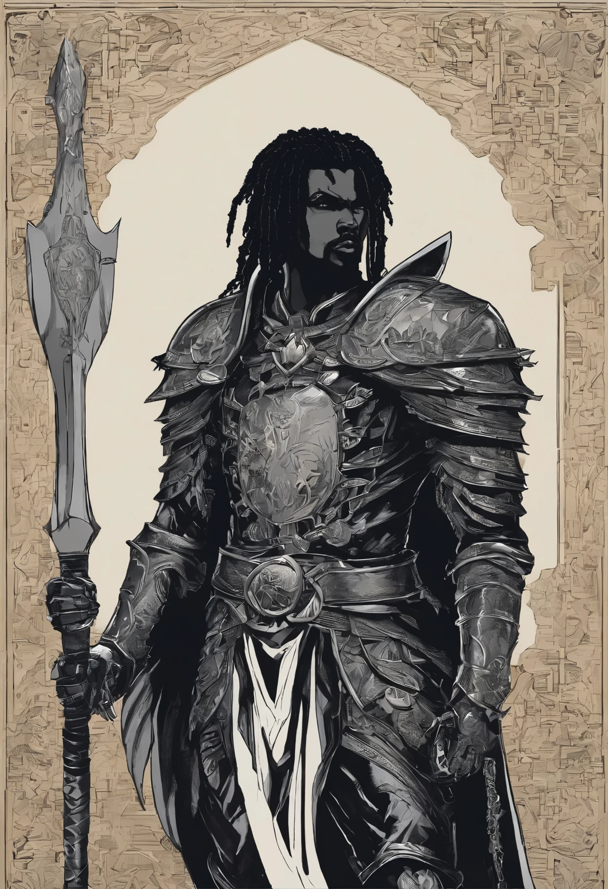 Um homem negro, gordo, usando roupas de guerreiros africanos antigos , carrying a shield in his left arm and a spear in his right arm, com poderes da terra e tendo um stand ((Jojo)) das sobras chamado "castle of Glass" , usando cabelo dread ((corpo_todo))