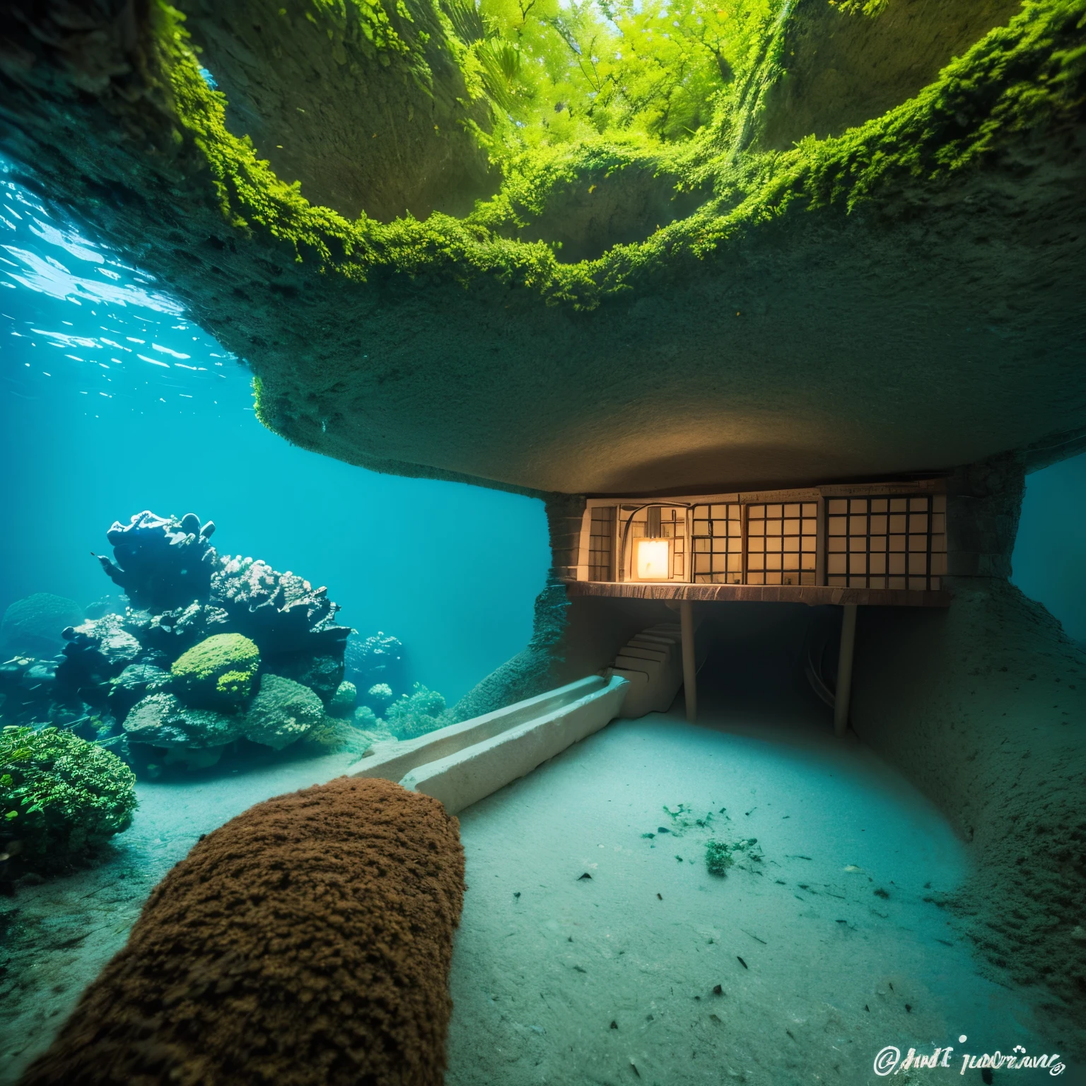 color (fantasy: 1.2), (Hayao Miyazaki style), (irregular building floating under the sea), patchwork hut, moss decoration, coral, lamp, Concept art inspired by Andreas Rocha, Art Station Contest Winners, fantasy art, (underwater city), Ross Tran, Axis, 逼真的lamp光, masterpiece, high quality, Beautiful graphics, high detail, masterpiece, high quality, Beautiful graphics, high detail, --v6