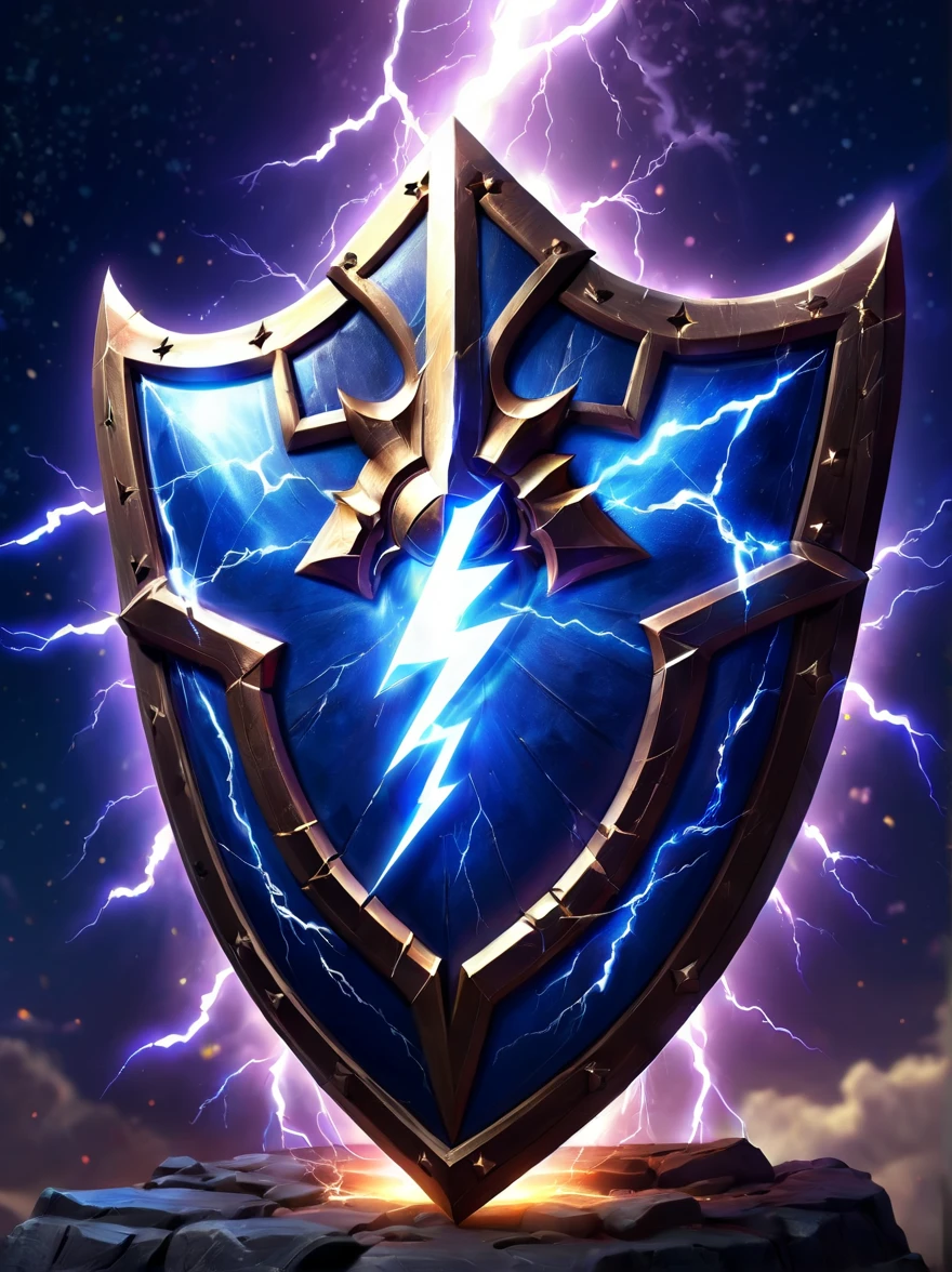 High quality concept game art of Fantasy Lightning Shield, lightning starry sky background, extremely detailed, glowing transparent gem power made of intricate lightning bolts, concept weapon art, Shield of Aegis