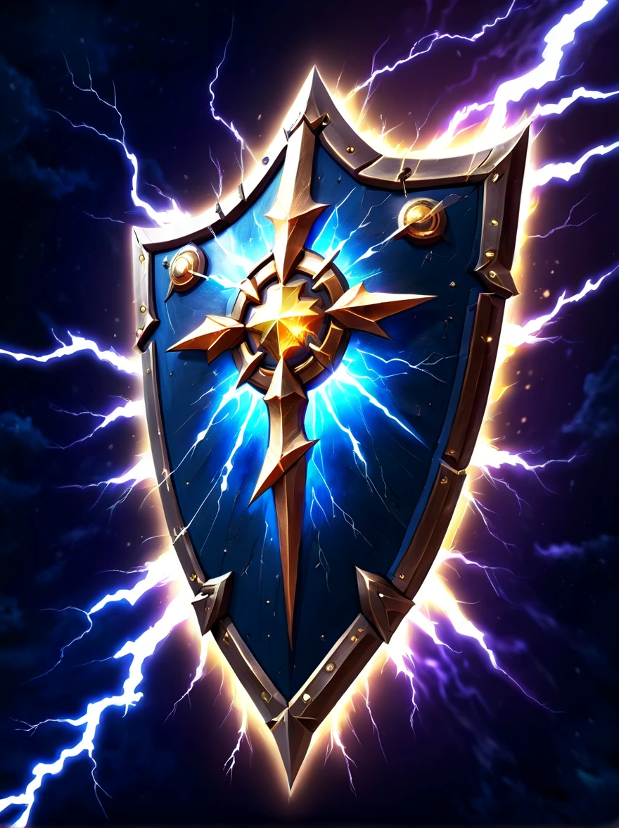 High quality concept game art of Fantasy Lightning Shield, lightning starry sky background, extremely detailed, glowing transparent gem power made of intricate lightning bolts, concept weapon art, Shield of Aegis