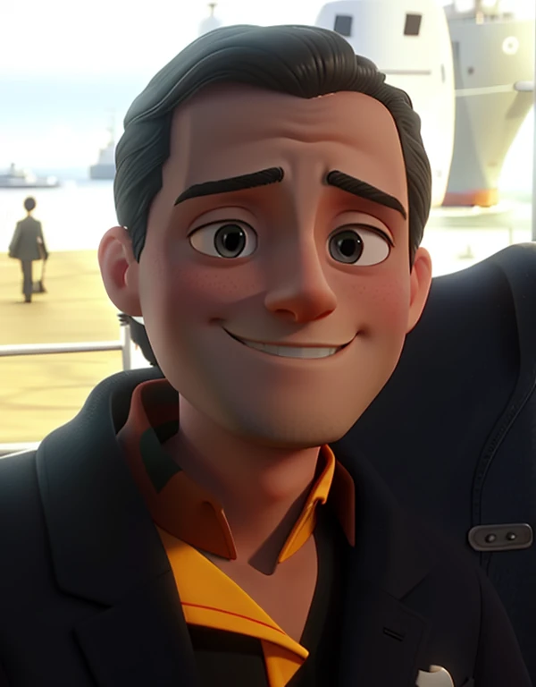 thin man of medium height in front of a ship in the background