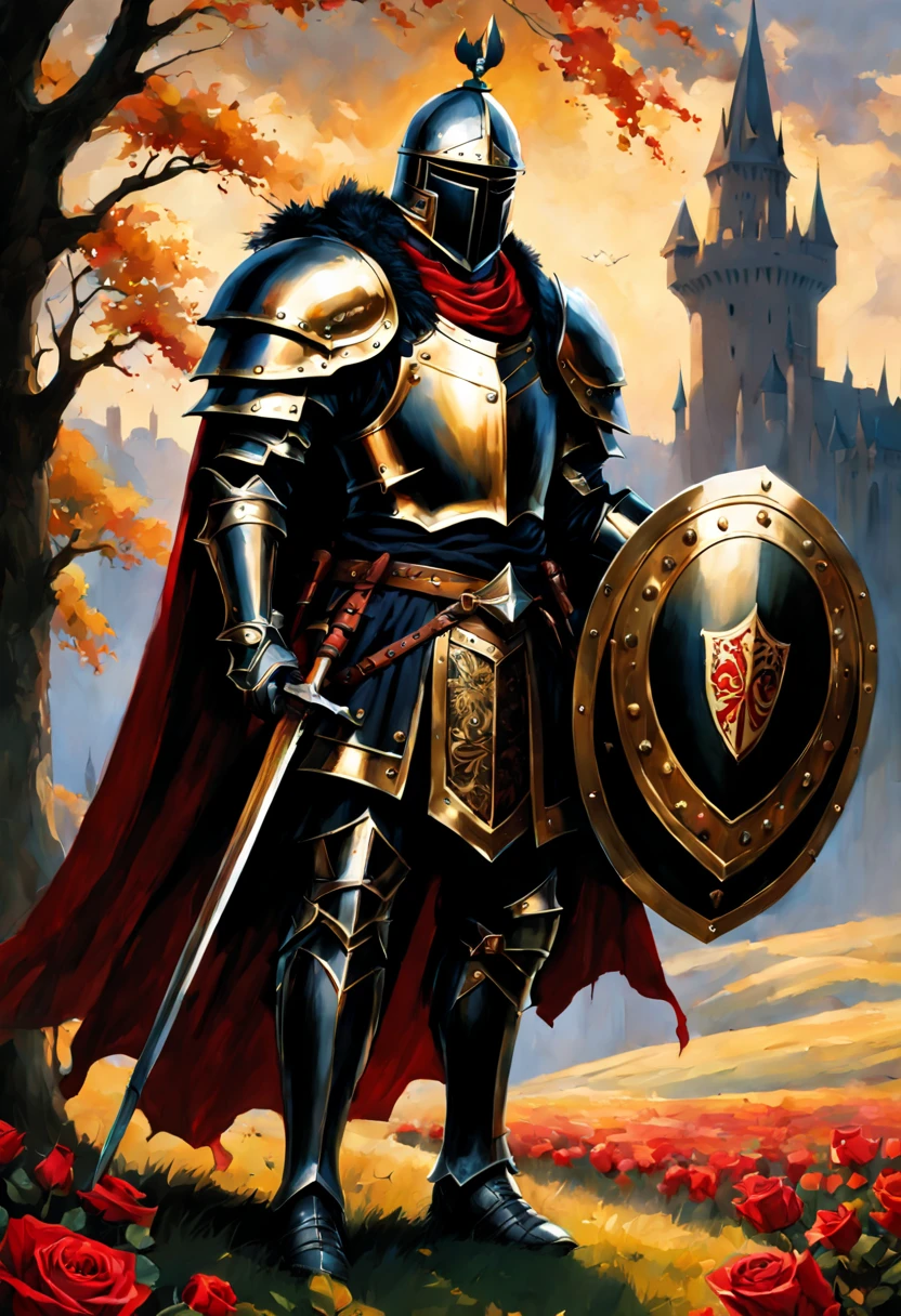 full length wide angle view Glorious Glorious Brigh Monarch King Knight wuth a (Shield:1.5) in a highly detailed Heavy black Knight armor guilded with gold,silver in a High holding a Gold and black and Crimson (Shield:1.5) ; gothic castle background; photorealistic, insanely detailed, meticulous, awe inspiring, magnificent, concept art, dark fantasy, gothic; Anne Stokes, Anna Dittman, Greg Rutowski, Josephine Wal High Gothic Dark Fantasy DarkSouls EldenRings Enchanted:Gothic : watercolor Glorious Brigh Monarch King Knight with a Long warm cloak holding a Long enchanted round (Shield:1.5) in a highly detailed Heavy black Knight armor guilded with gold,silver in a field of Colorfull Roses under an Eclipse ::| hyperdetailed: maximalist ::| Stunning masterpiece::| Jonas De Ro: russ mills, white roses and Blood red Roses under a warm Autumnal Morning Sunlight, Mark Brooks and Dan Mumford, comic book art, perfect, smooth, in Gouache Style, Watercolor, Museum Epic Impressionist Maximalist Masterpiece, Thick Brush Strokes, Impasto Gouache, thick layers of gouache watercolors textured on Canvas, 8k Resolution, Matte Painting