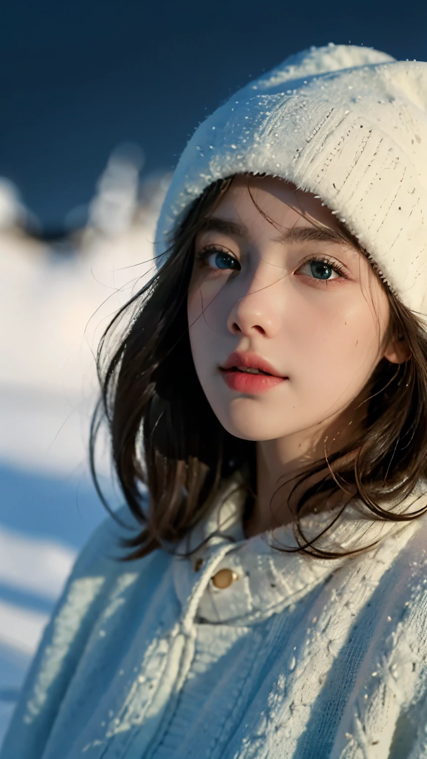 (best quality,4K,high resolution,masterpiece:1.4),Super detailed,Very detailed,sharp focus,Surreal:1.4,professional,HD images,bright colors,Bokeh,Beautiful and delicate eyes,Beautiful and delicate lips,long eyelashes,Romantic atmosphere,soft light,Contrast light and shadow,Lighting effects,high nose bridge,high nose，Yamane，young,Lively，contrast of light and shadow，aurora，Chubby cheeks,charming,graceful curves，The expression is cold，blond，full，The background is clear，night，Arctic，1 girl，view from long distance，Snow background，Wear a cotton hat，Cotton clothing，Vision，Upper body，Look from afar，Half of the face