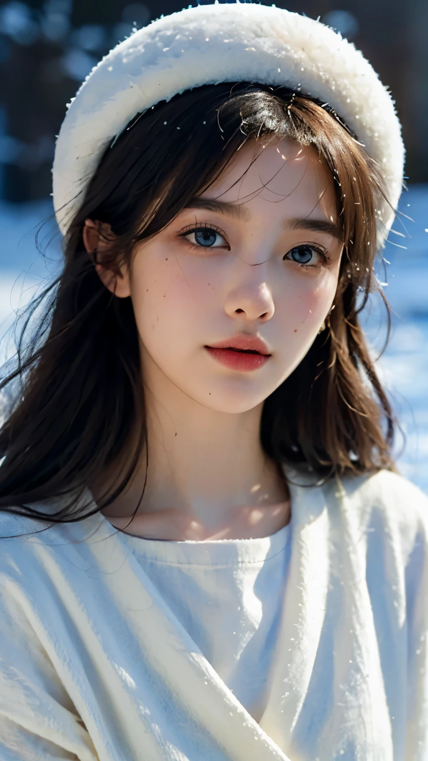 (best quality,4K,high resolution,masterpiece:1.4),Super detailed,Very detailed,sharp focus,Surreal:1.4,professional,HD images,bright colors,Bokeh,Beautiful and delicate eyes,Beautiful and delicate lips,long eyelashes,Romantic atmosphere,soft light,Contrast light and shadow,Lighting effects,high nose bridge,high nose,Yamane,young,Lively,contrast of light and shadow,aurora,Chubby cheeks,charming,graceful curves,The expression is cold,blond,full,The background is clear,night,Arctic,1 girl,view from long distance,Snow background,Wear a cotton hat,Cotton clothing,Vision,Upper body,Look from afar,Half of the face