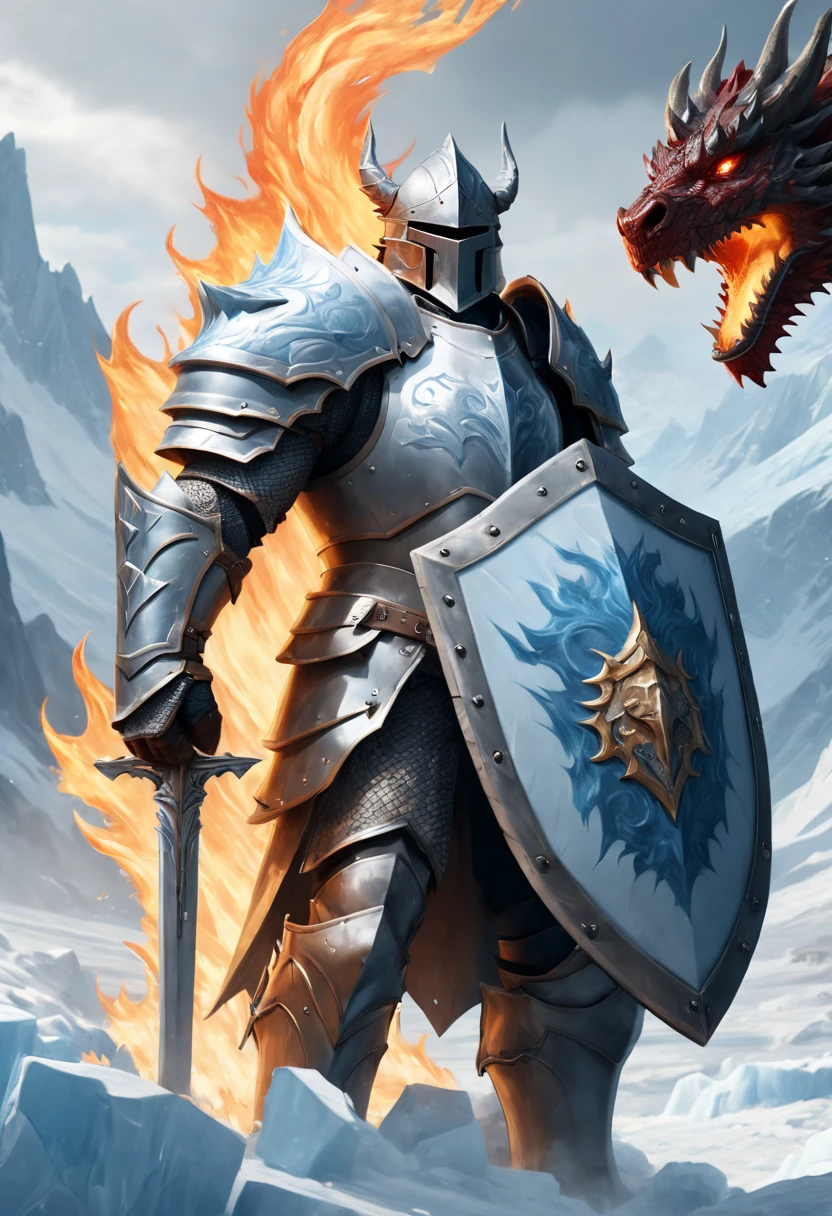 close_up of Legendary Shield, A Heavy knight holding up the shield to resisting the dragon flames, Ice and snow, ice fields, (best quality, masterpiece, Representative work, official art, Professional, unity 8k wallpaper)