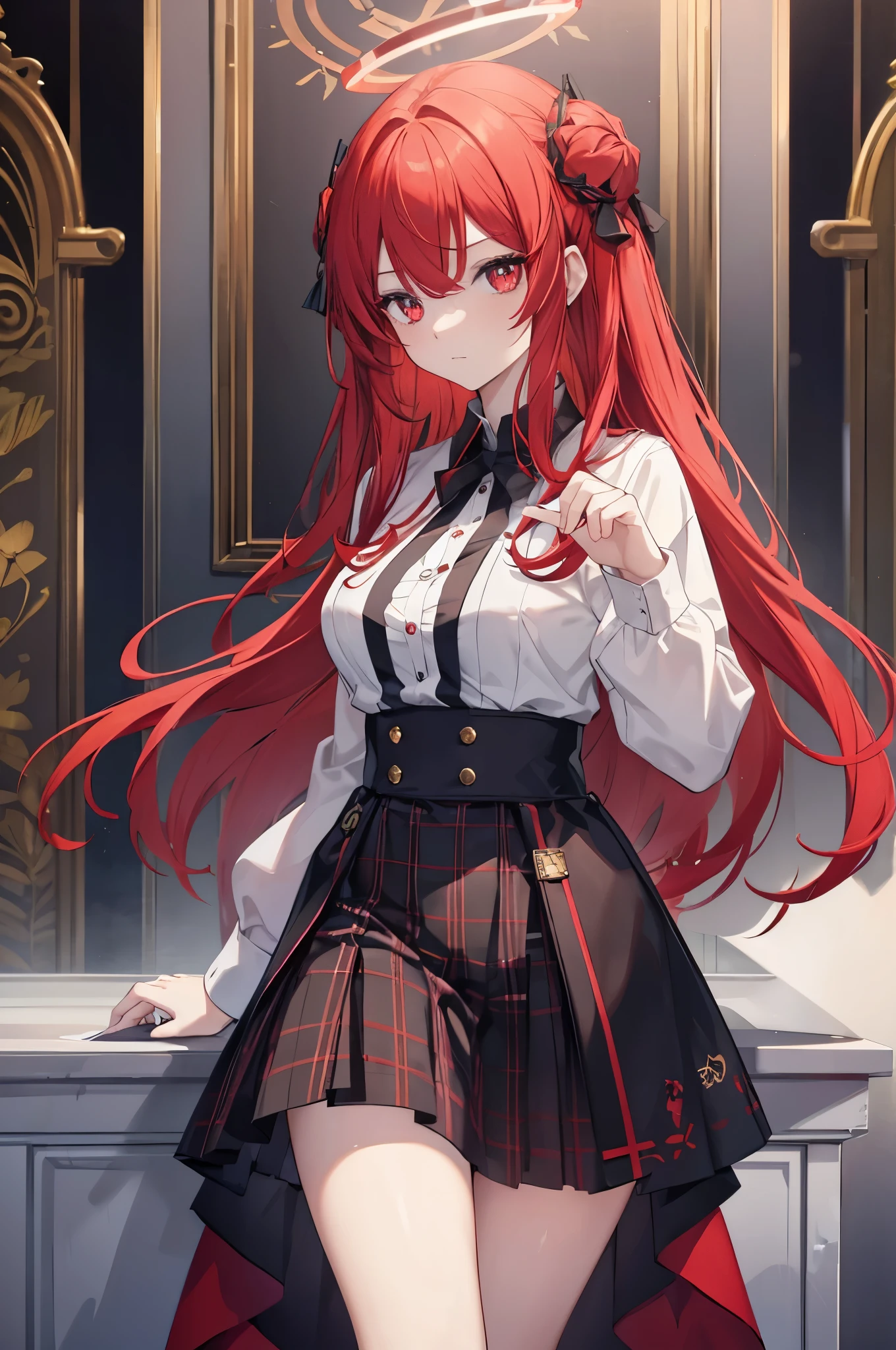 female face,Poker face,Long straight red hair,red hair,red eyes,Eyes with vertical pupils,There are highlights in the eyes,female hands,novice,Normal fingers,There is a red halo on the head,Flame pattern in halo