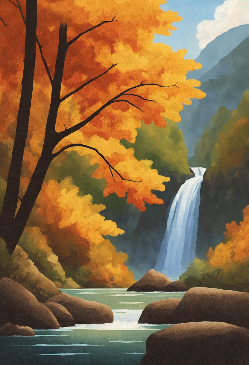 (ultra-detailed,highres)A landscape with (vivid, vibrant) autumn colors, (golden, yellow) leaves falling to the ground (effortlessly, gracefully), a (majestic, grand) waterfall, and crystal-clear waters. The (rich, lush) foliage paints a tapestry of (warm, inviting) hues, creating a mesmerizing scene. The leaves gently descend, (fluttering, swirling) in the crisp air, carpeting the (serene, peaceful) forest floor. The waterfall cascades down (rocks, cliffs) with (great power, an impressive force), creating a symphony of sounds. The sunlight (illuminates, dances upon) the water, forming sparkling ripples. The (tranquil, calm) atmosphere invites you to (reflect, immerse) yourself in the beauty of nature. The picturesque scenery is (ideal, perfect) for capturing stunning photographs or (inspiring, evoking) artistic masterpieces.