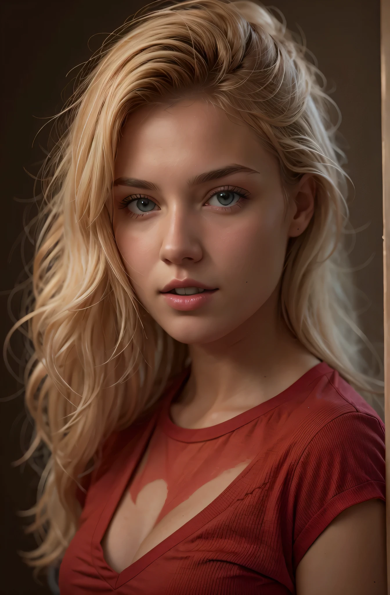 RAW photo, portrait of a beautiful blonde woman wearing a red shirt (high detailed skin:1.2), 8k uhd, dslr, soft lighting, high quality, film grain, Fujifilm XT3,