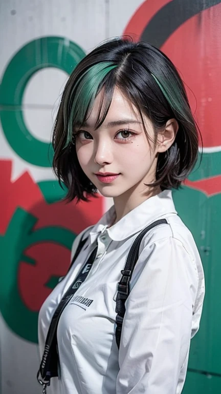 (Best quality, 8k, 32k), (Masterpiece, UHD,:1.2), (symmetrical clear eyes:1.3), ultra-detailed face, detailed eyes, highly detailed lips, smile, (medium hair), (Mint green hair,)(colorful hair color) ,cowboy shot,T Masterpiece,best quality,official art,8k wallpaper,very detailed,handsome movements,Fashionable poses,Trendy clothes,fashionable clothes, Tokyo fashion snap,Unique fashion,Unique hair,Photos with deep compositions, graffiti art background,