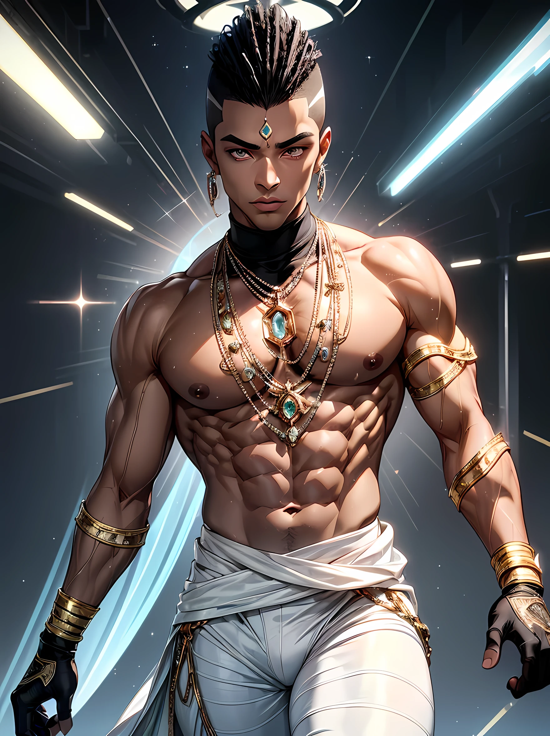 RAW, ((absurdres)) ((perfect whole body)), ((ultra photorealistic)), Top quality, ((Photorealistic)), ((16k UHD)), High Definition, Unity 8K wallpaper, high res, ultra sharp, ((masterpiece)), best quality, ((intricate details)), (((detailed eyes))), (((perfect face))) (((detailed face))), masterpiece, highly detailed exquisite character art, melancholy lighting, (((perfectly detailed anatomy))) (((natural light))), ultra-realistic, crotch, pecs, (((detailed body))), (((detailed muscles))), (((1Male))) (((athletic))), (((muscular))), ((bara)), there is a dominate handsome black man with glitter on his textured skin, white coloured mohawk, thighs, confident, shiny holographic sleeveless turtleneck , white wide-leg pants, neon orange eyes, (((black skin!))), (((black complexion))) (((African male))) tan, glitter skin, stubble, crystals, gems, forehead gem, halo, holographic jewellery, gemstones, light superpowers, magic, bright lights, white gloves, strong lighting on clothing,