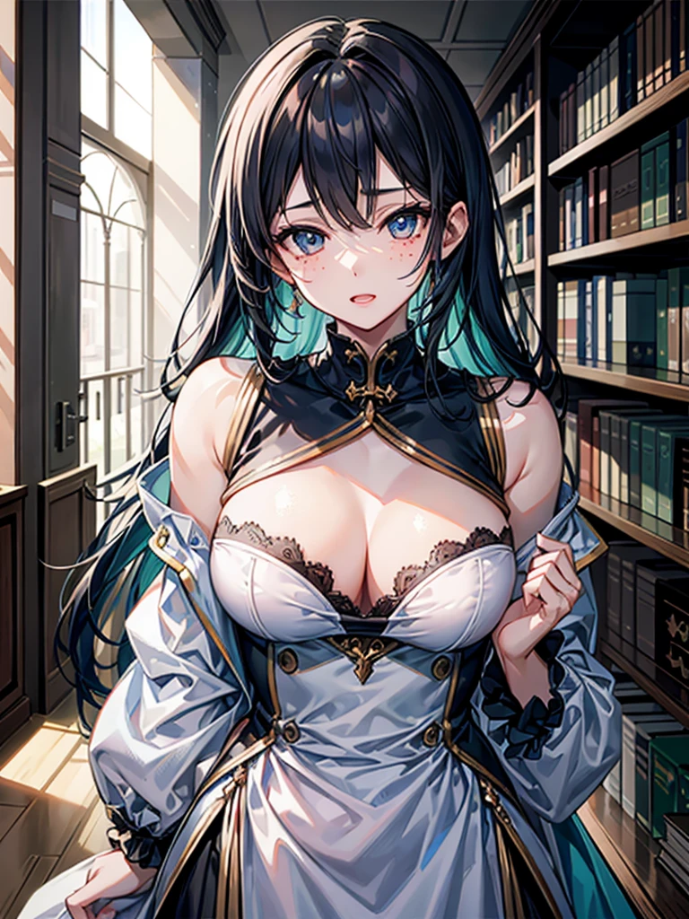 （（（masterpiece、Highest image quality、highest quality、highly detailed unity 8ｋwallpaper）））、（（Illustration of one girl、upper body））、（（（beautiful girl）））、（librarian）、（（blue hair、freckles））、（stocky build, thickset physique：1.3, broad shoulders, solid chest）、big breasts、librarian服、great medieval library