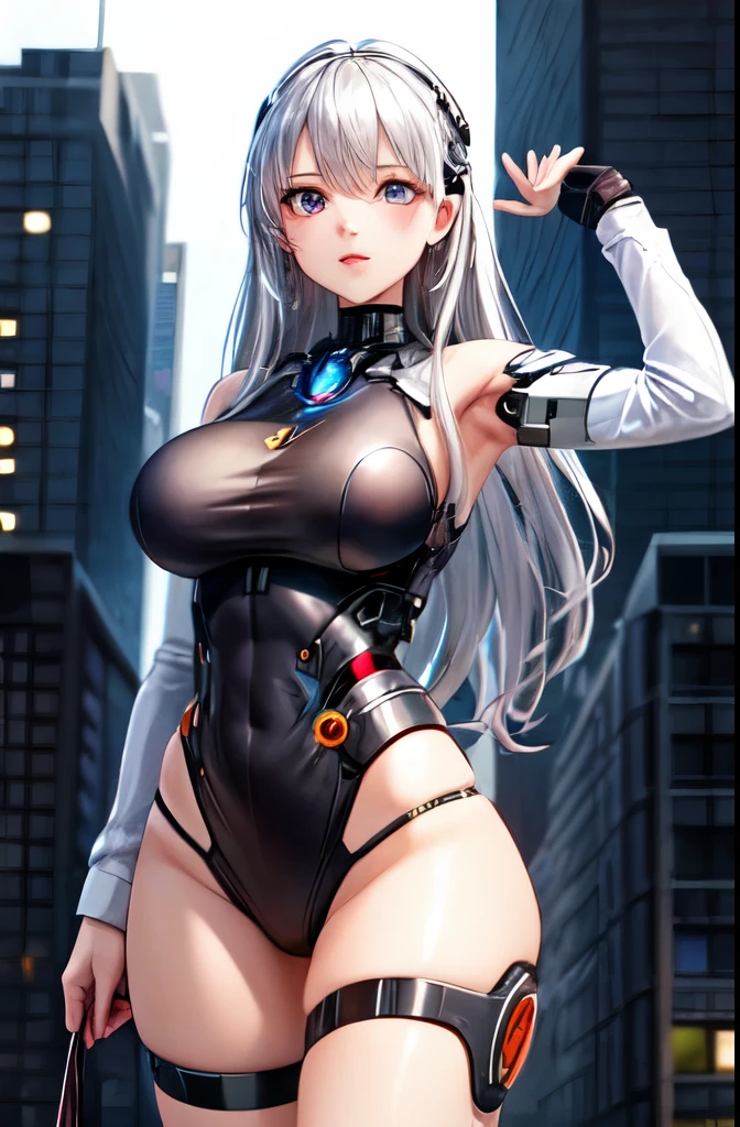 masterpiece, best quality, 1 girl, with long silver hair, silver eyes, elegant,solo, cyborg, sci-fi, hot body, big breasts and big ass, standing