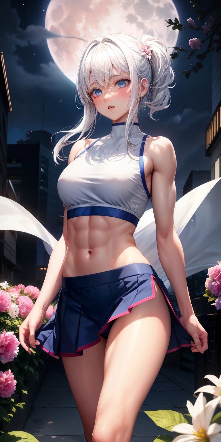 actual, 1 girl, white hair, blue eyes, glowing eyes, crop top, skirt, open lips, blush, Gym, flowers, night, moonlight, abdominal muscles, muscle , biceps