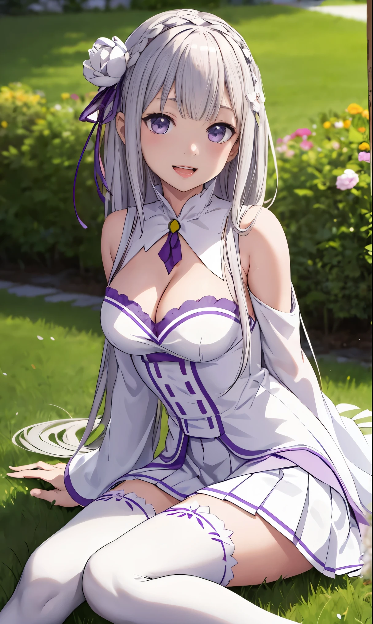 masterpiece:1.2, best quality, ((ultra detailed)), high resolution, 2d, anime style , photo, photography, detailed background ,1girl, solo,smile,open mouth,emilia,white dress,cleavage, pleated skirt, wide sleeves, white thighhighs, hair flower, purple ribbon, white skirt, (low-tied long hair), flower garden,sitting on ground 