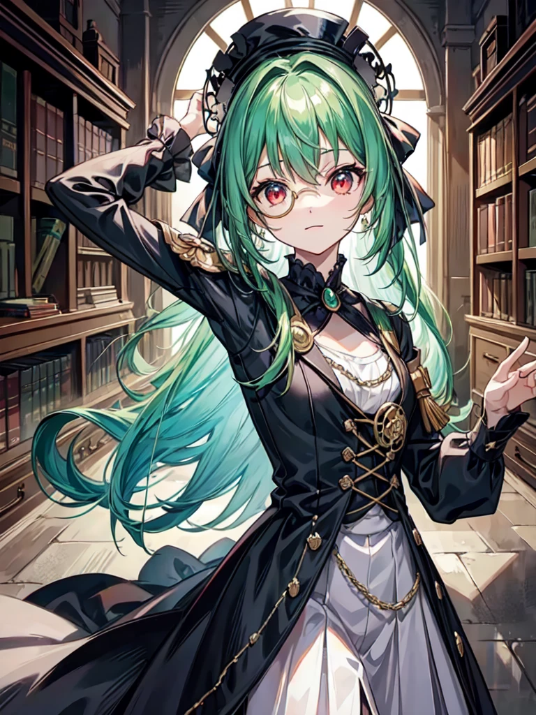(((masterpiece、Highest image quality、highest quality、highly detailed unity 8kwallpaper)))、((Illustration of one girl、upper body))、(((beautiful girl)))、(librarian)、(Emerald green hair、sidelocks:1.2、red eyes、crazy smile)、(((flat chest)))、(monocle)、pocket watch、(((Black top hat、Black tuxedo)))、great medieval library