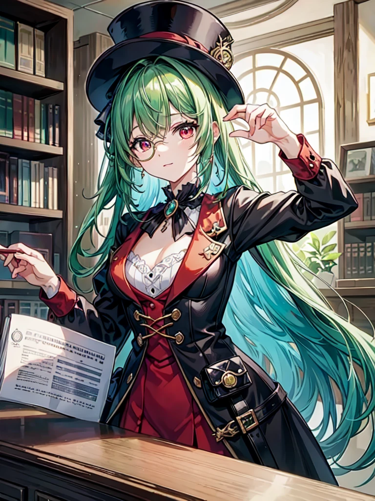 （（（masterpiece、Highest image quality、highest quality、highly detailed unity 8ｋwallpaper）））、（（Illustration of one girl、upper body））、（（（beautiful girl）））、（librarian）、（Emerald green hair、sidelocks：1.2、red eyes、crazy smile）、（（（flat chest）））、（monocle）、pocket watch、（（（Black top hat、Black tuxedo）））、great medieval library