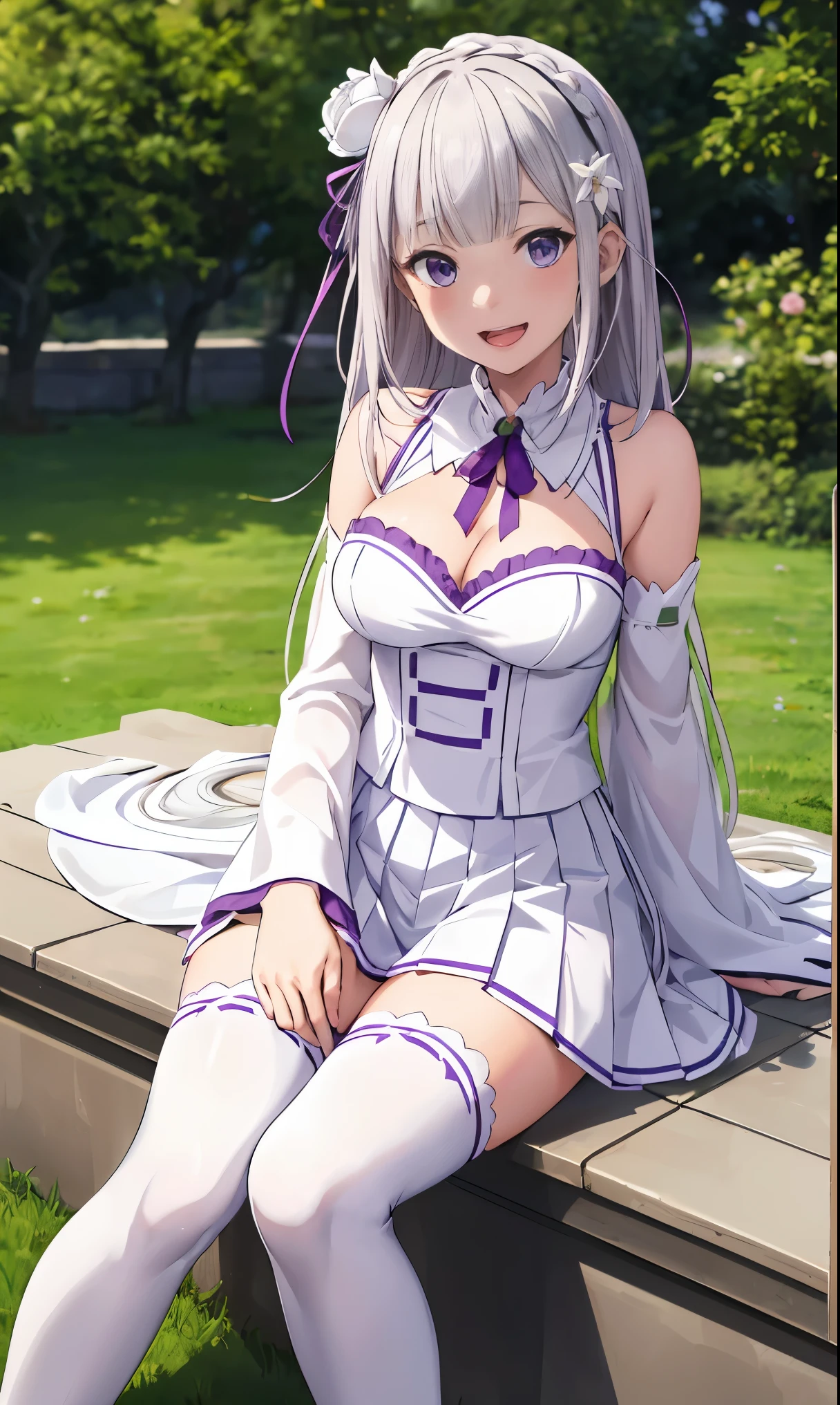 masterpiece:1.2, best quality, ((ultra detailed)), high resolution, 2d, anime style , photo, photography, detailed background ,1girl, solo,smile,open mouth,emilia,white dress,cleavage, pleated skirt, wide sleeves, white thighhighs, hair flower, purple ribbon, white skirt, (low-tied long hair), flower garden,sitting on ground 