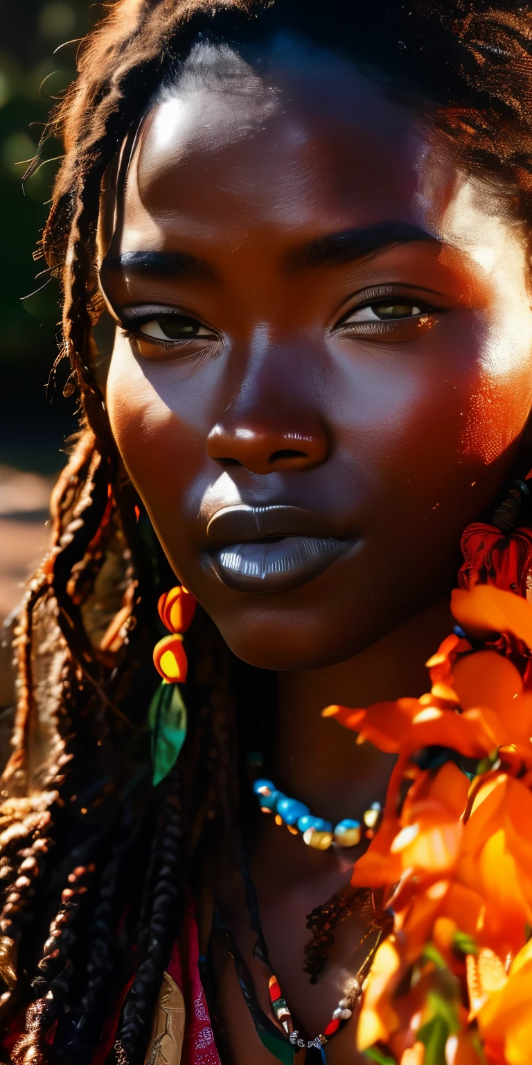 A hyper-realistic photograph of of face of a 15th century African warrior, taken with a professional camera. She is standing, holding a spear in her right hand, and looking ahead with determination. She wears typical combat attire of African tribes, such as a colorful turban, a bead necklace, a leather vest, a printed fabric skirt and metal bracelets. She has dark skin, braided hair and simple makeup. The background is a natural landscape, with trees, rocks and blue sky.
RAW, beautiful woman, (very long wavy brown hair), ((detailed face)), ((detailed facial features)), (fine skin), pale skin, shot with Canon EOS R5, 50mm lens, f/2.8, HDR, (wallpaper) (cinematic lighting) (dramatic lighting) (sharp focus) (complex), (face close-up), realistic shadows, hyper-realistc.