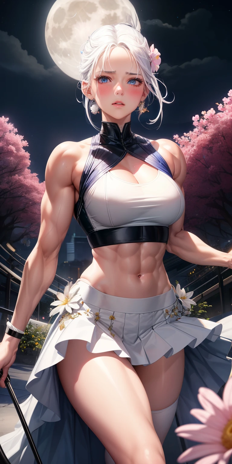 actual, 1 girl, white hair, blue eyes, glowing eyes, crop top, skirt, open lips, blush, Gym, flowers, night, moonlight, abdominal muscles, muscle , biceps