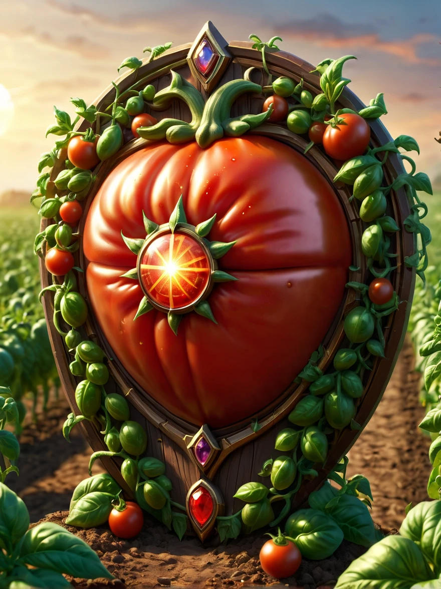 High quality concept game art of Fantasy Tomato Shield, farmland background, extremely detailed, glowing clear gem power made of intricate tomato vines, concept weapon art, Shield of Saturn